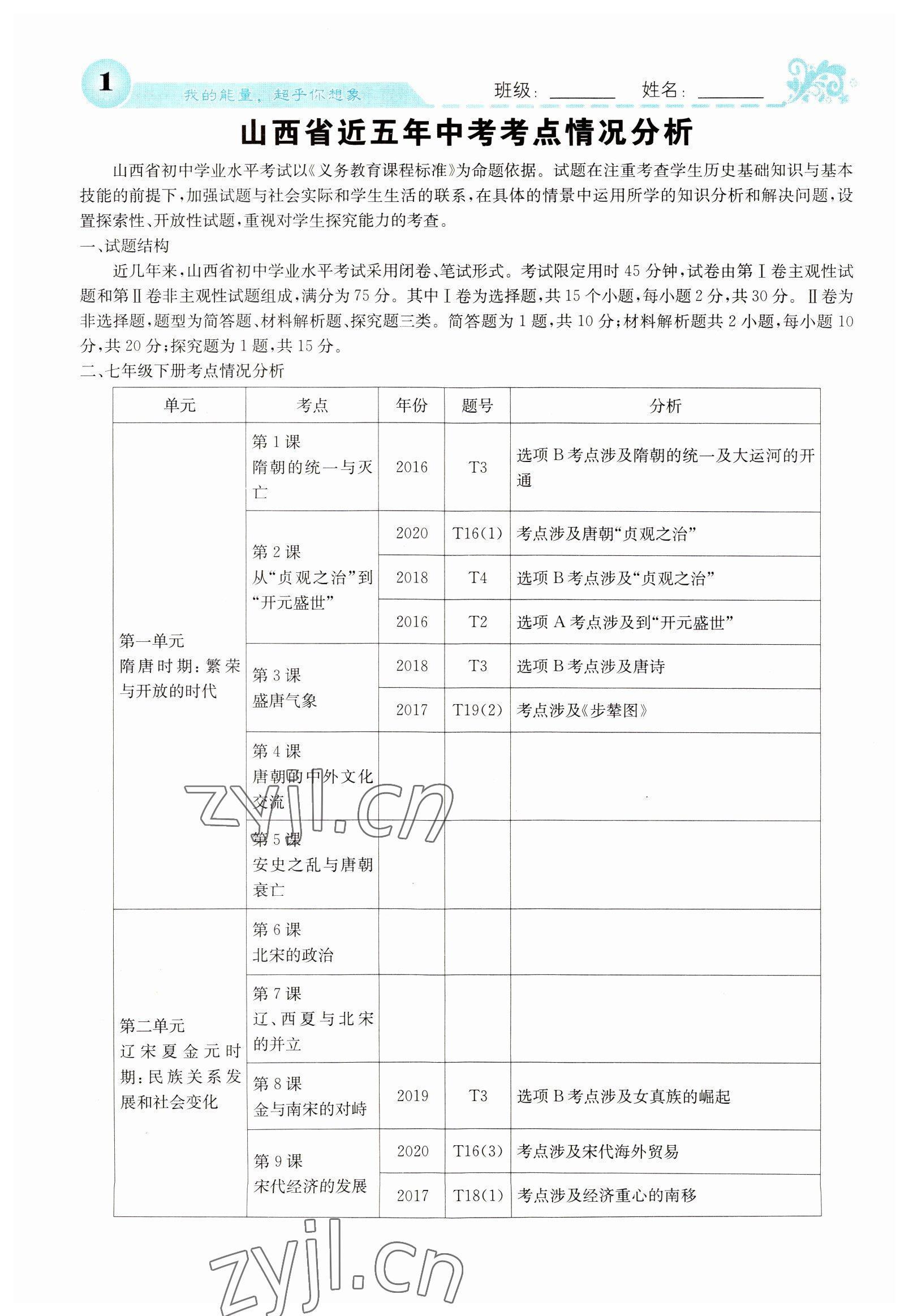 2022年課堂點(diǎn)睛七年級(jí)歷史下冊人教版山西專版 參考答案第1頁