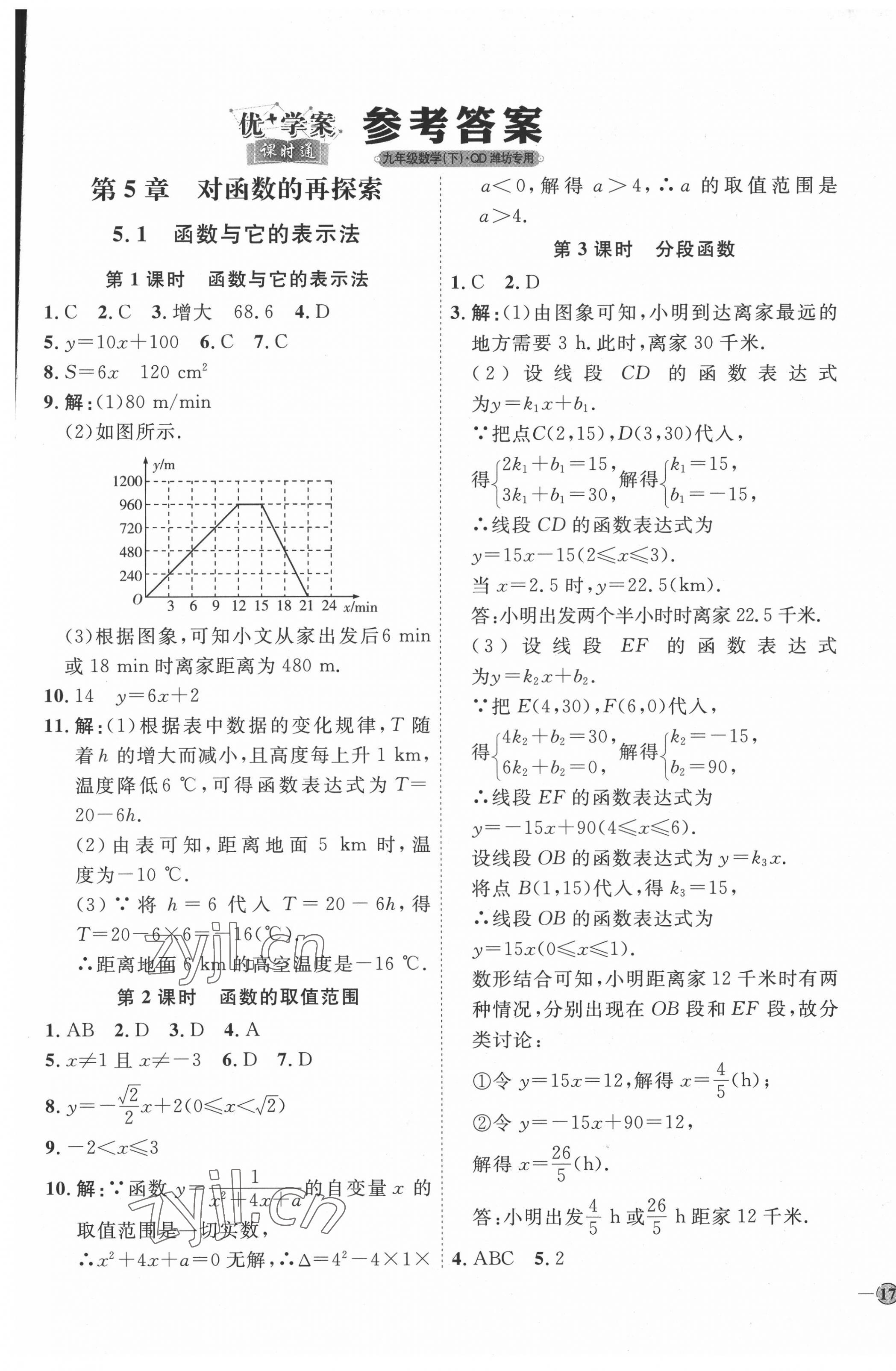 2022年優(yōu)加學(xué)案課時通九年級數(shù)學(xué)下冊青島版濰坊專版 參考答案第1頁