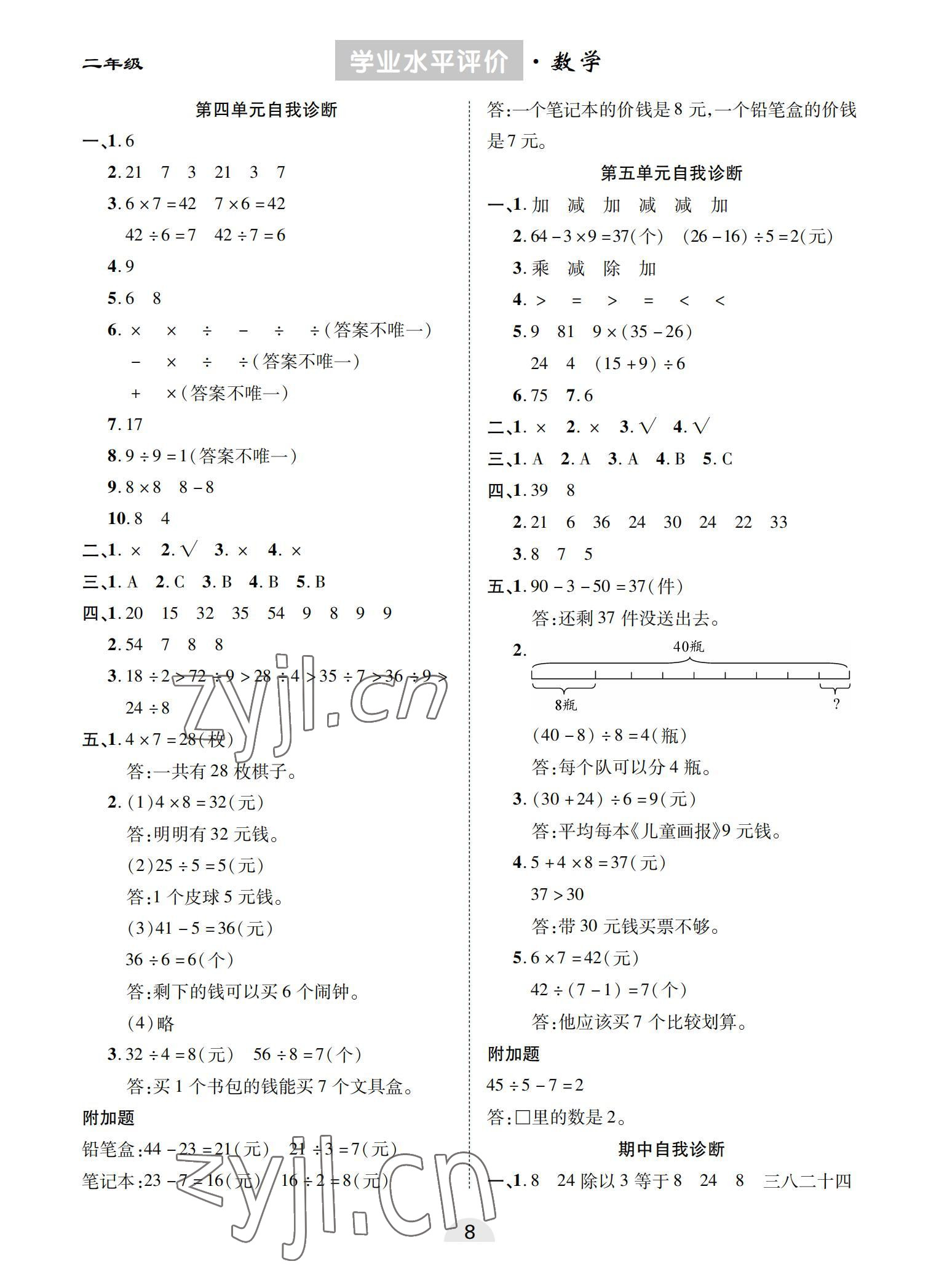 2022年學業水平評價同步檢測卷二年級數學下冊人教版 參考答案第2頁