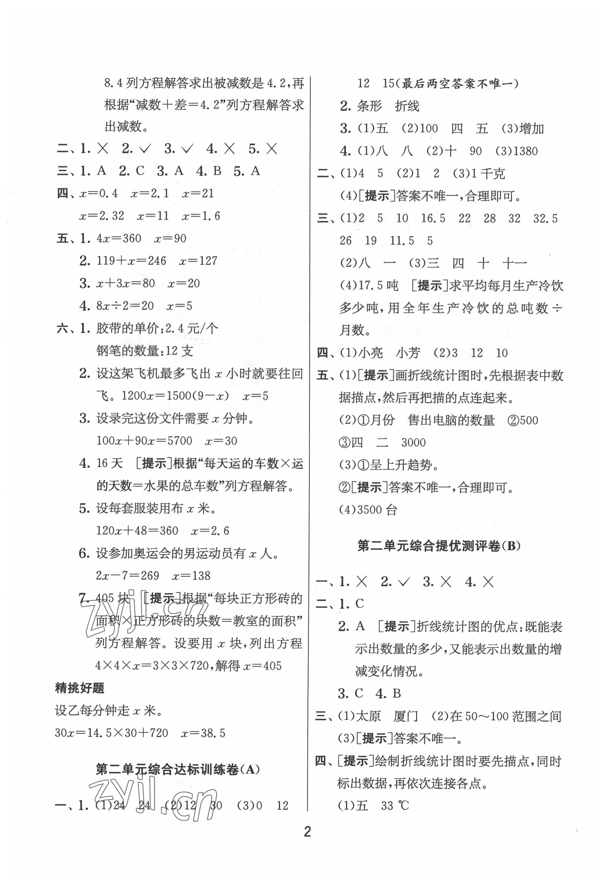 2022年實(shí)驗(yàn)班提優(yōu)大考卷五年級(jí)數(shù)學(xué)下冊(cè)蘇教版江蘇專版 參考答案第2頁