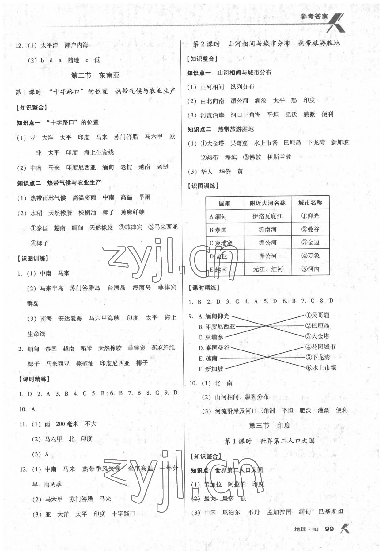 2022年全優(yōu)點練課計劃七年級地理下冊人教版 參考答案第3頁