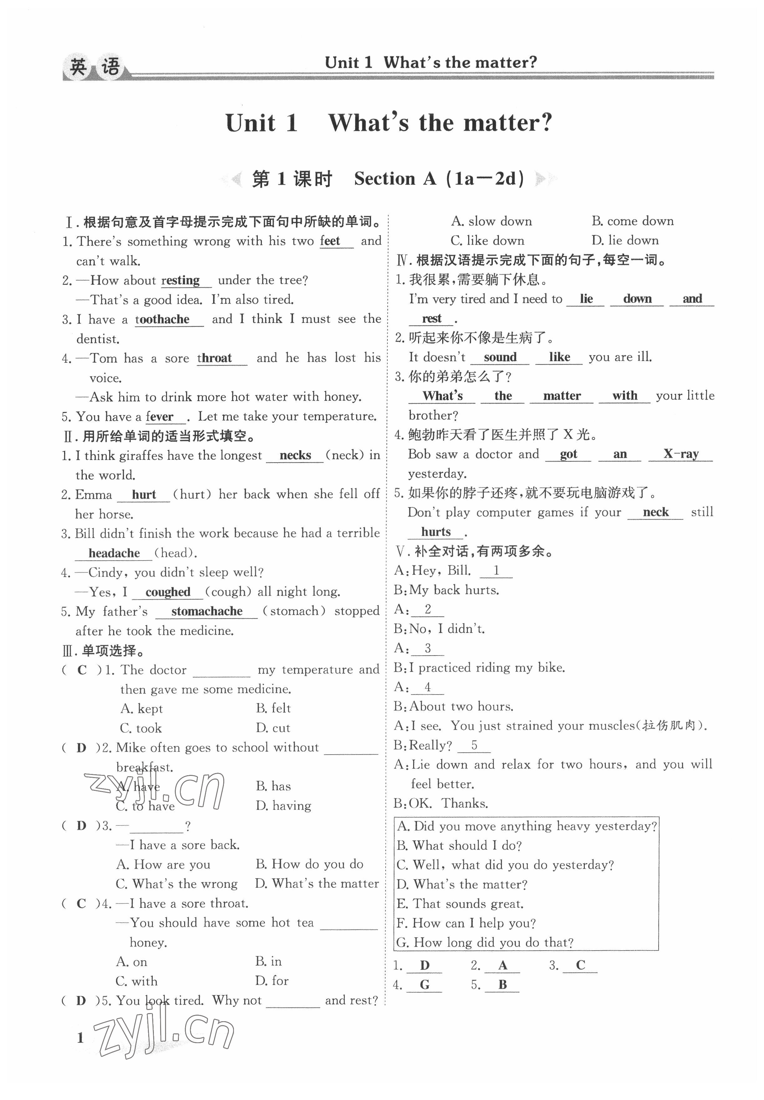 2022年体验型学案八年级英语下册人教版 参考答案第1页