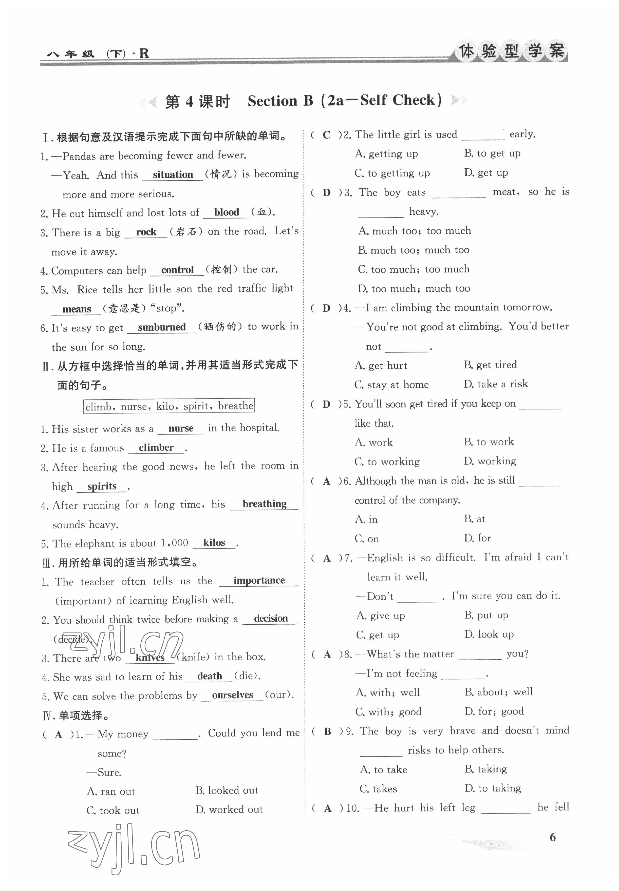 2022年體驗型學(xué)案八年級英語下冊人教版 參考答案第6頁