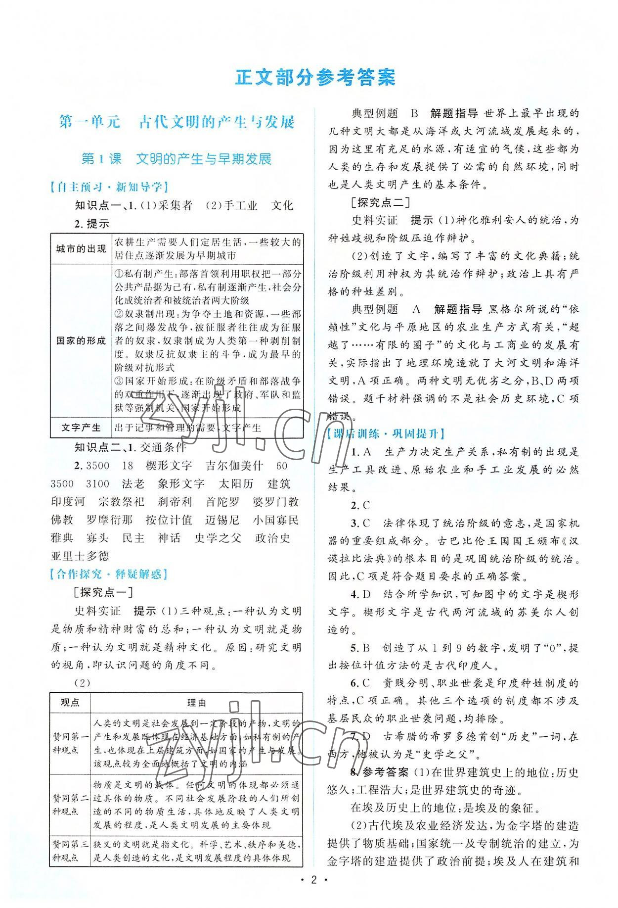 2022年高中同步测控优化设计高中历史下册人教版增强版 参考答案第1页