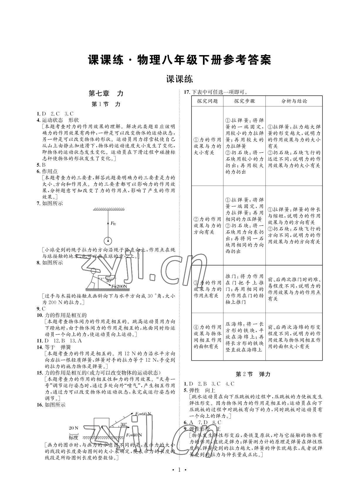 2022年課課練湖南教育出版社八年級物理下冊人教版 參考答案第1頁