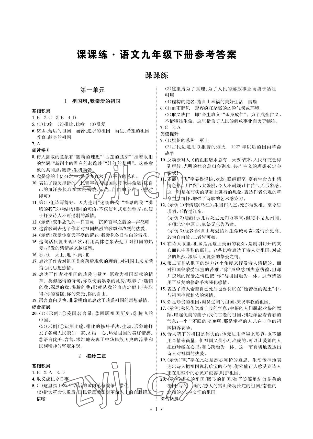 2022年課課練湖南教育出版社九年級(jí)語文下冊(cè)人教版 參考答案第1頁