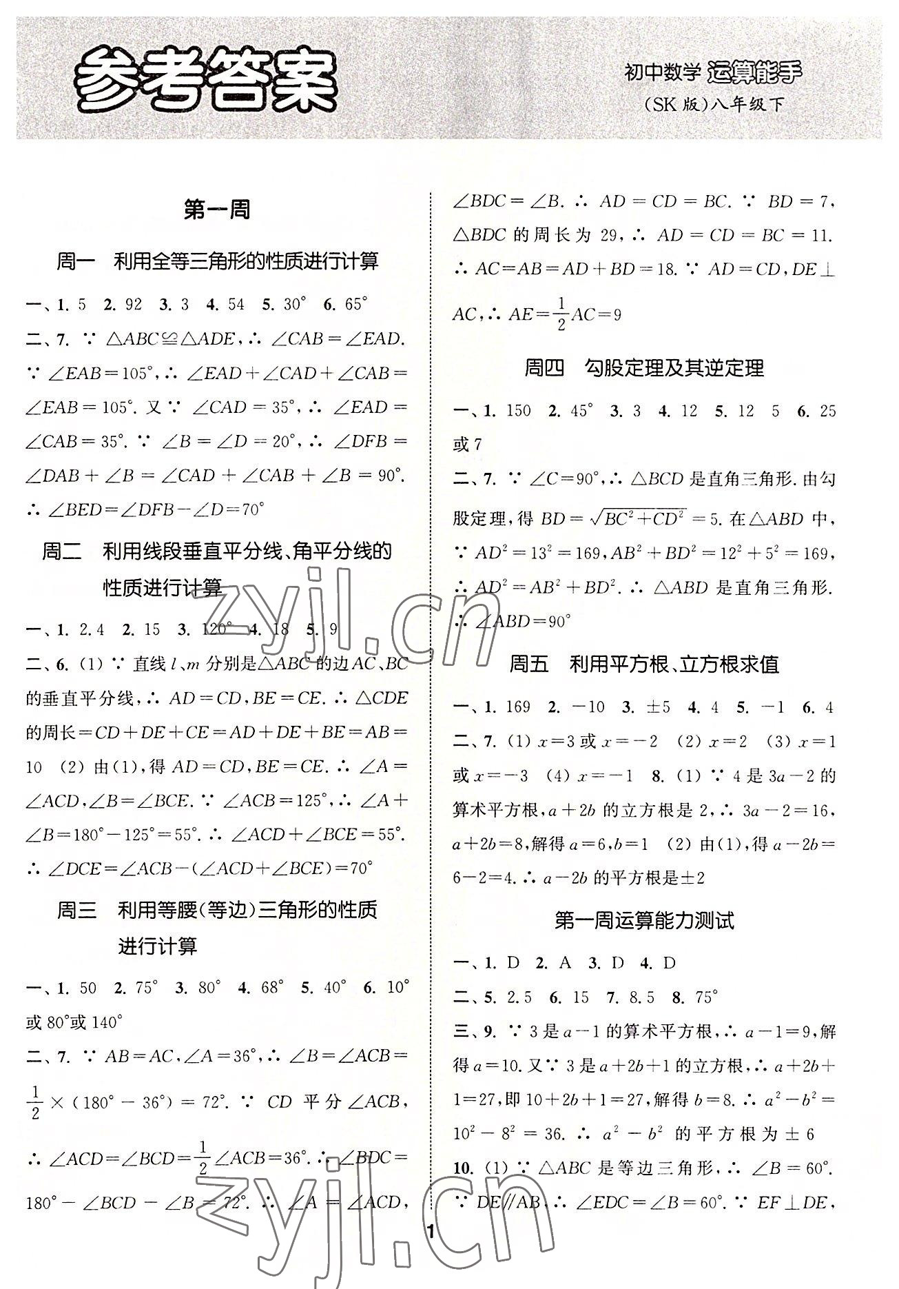 2022年通城学典初中数学运算能手八年级下册苏科版 第1页