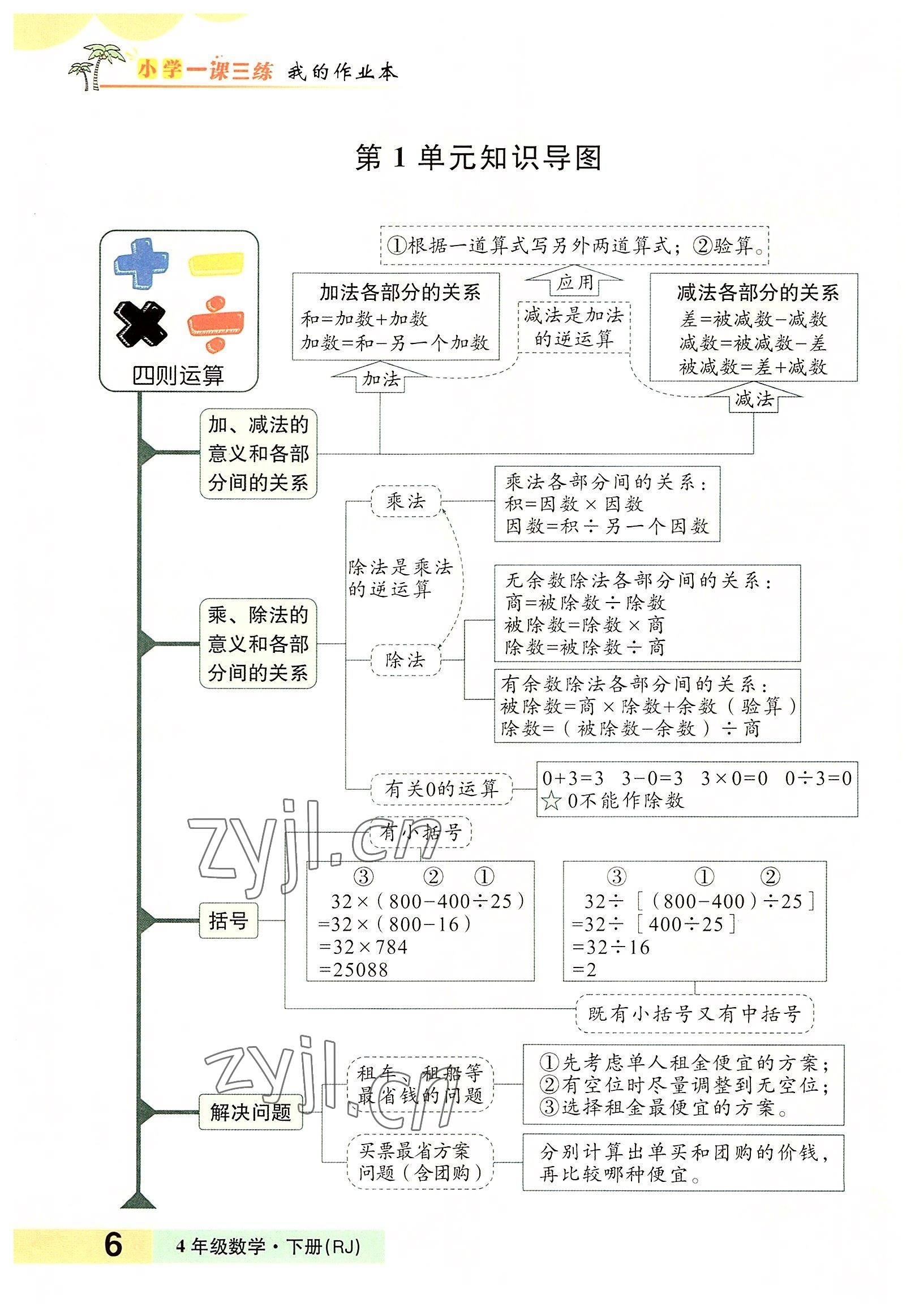 2022年小学一课三练我的作业本四年级数学下册人教版 参考答案第6页