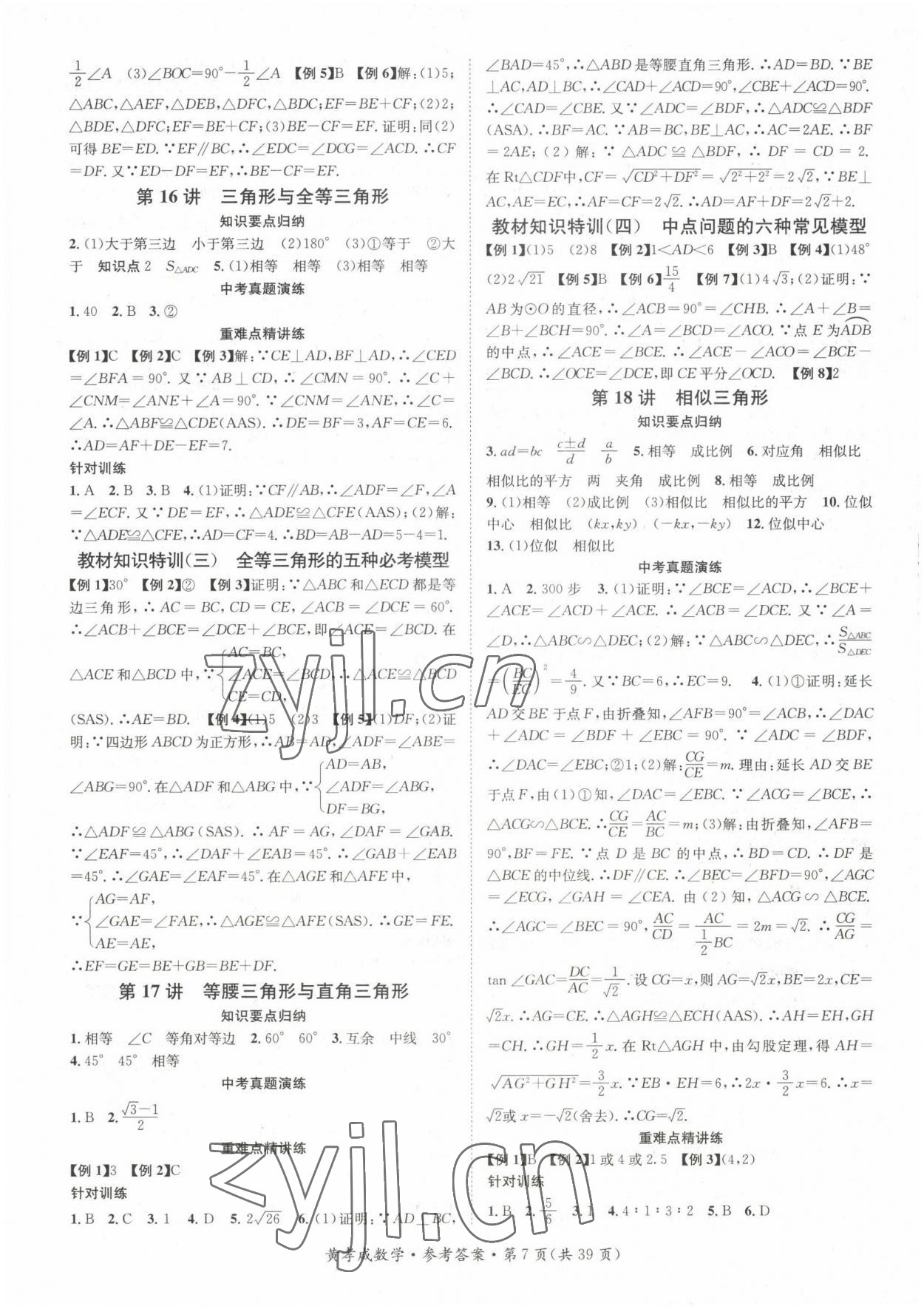 2022年鴻鵠志中考王數(shù)學(xué)黃岡孝感咸寧專版 參考答案第7頁