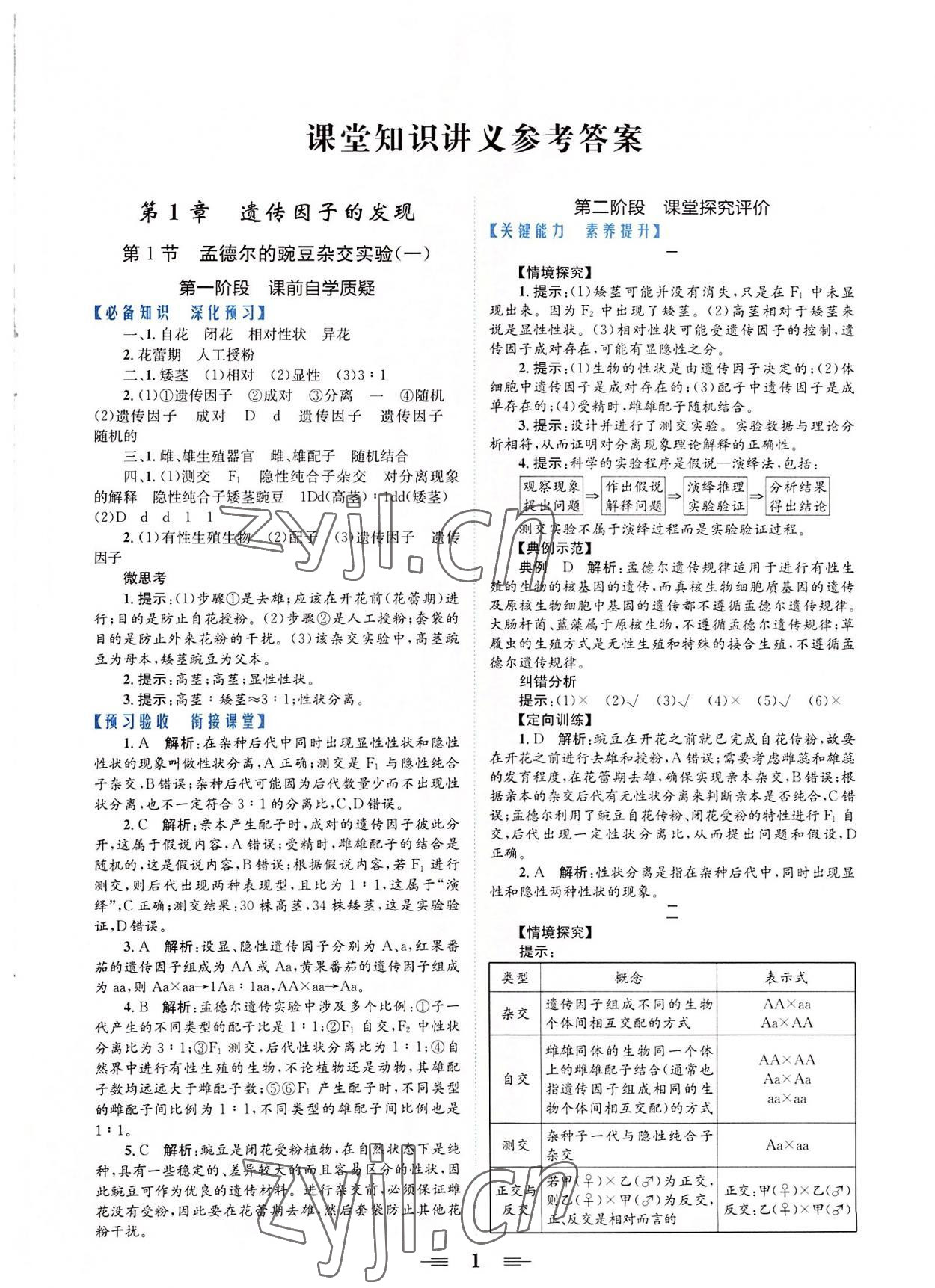 2022年點(diǎn)金訓(xùn)練精講巧練高中生物必修2人教版 參考答案第1頁