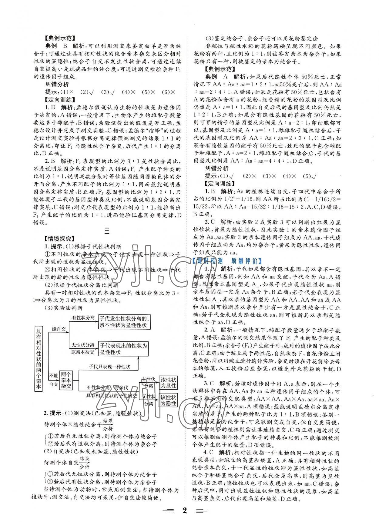 2022年點(diǎn)金訓(xùn)練精講巧練高中生物必修2人教版 參考答案第2頁