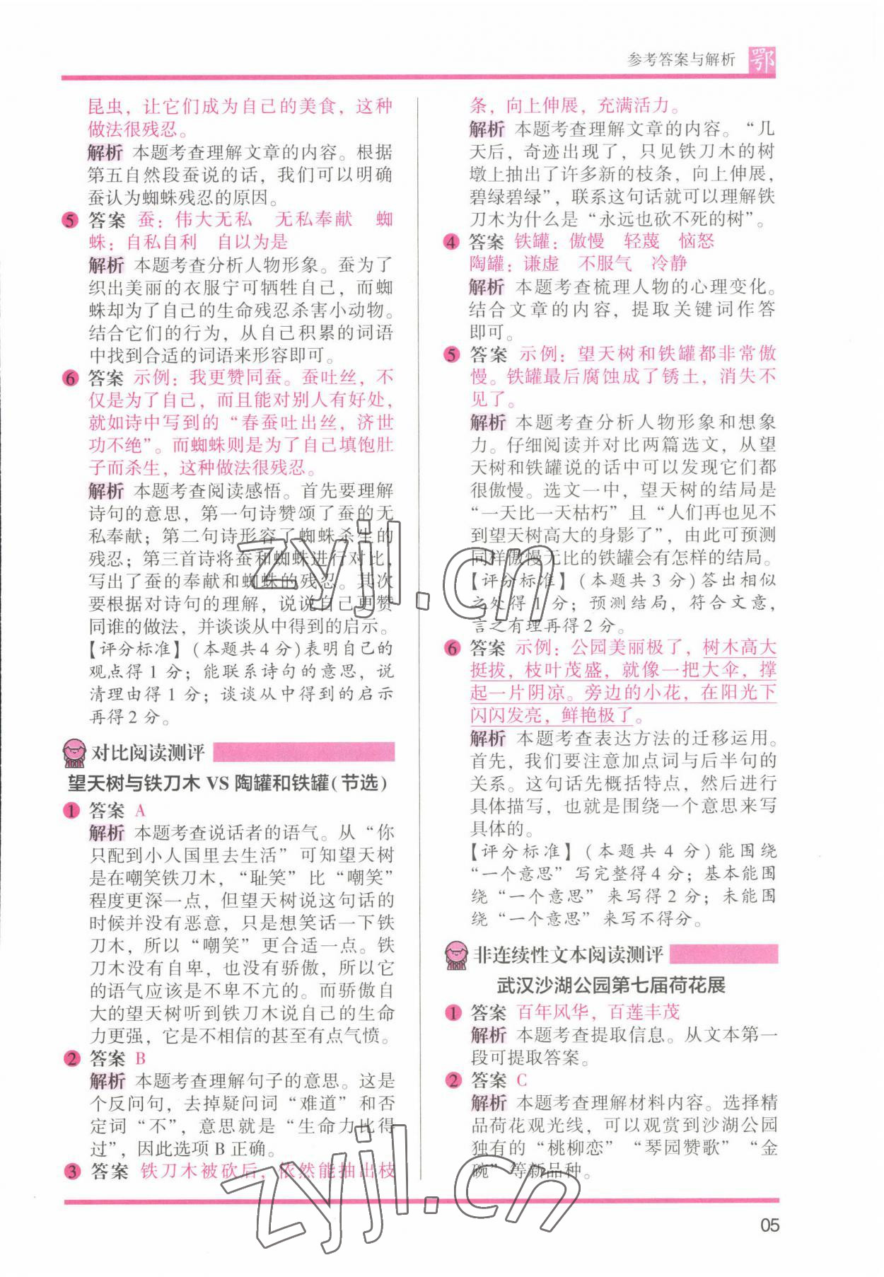 2022年木頭馬閱讀力測評三年級語文B版大武漢專版 參考答案第5頁