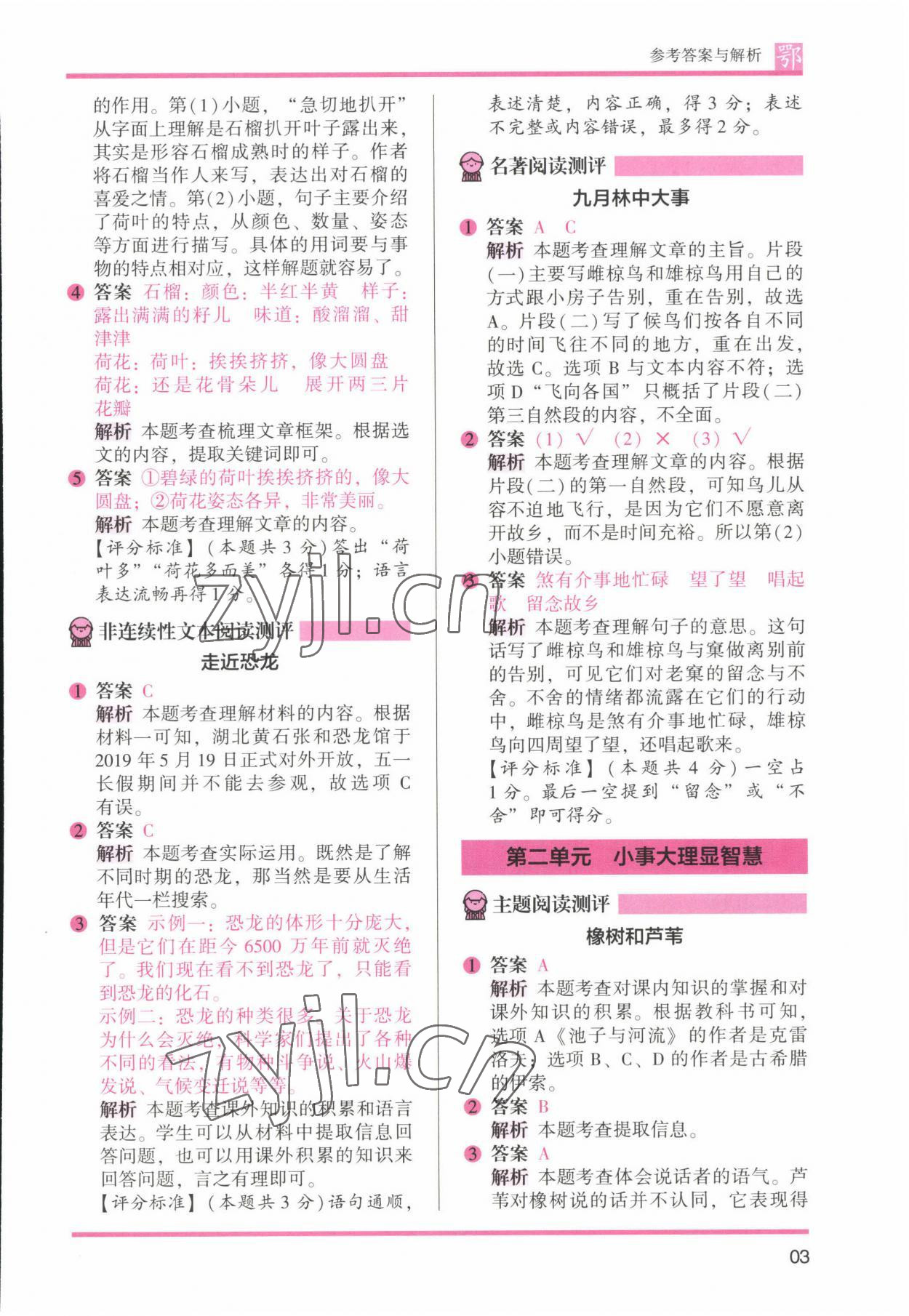 2022年木頭馬閱讀力測評三年級語文B版大武漢專版 參考答案第3頁