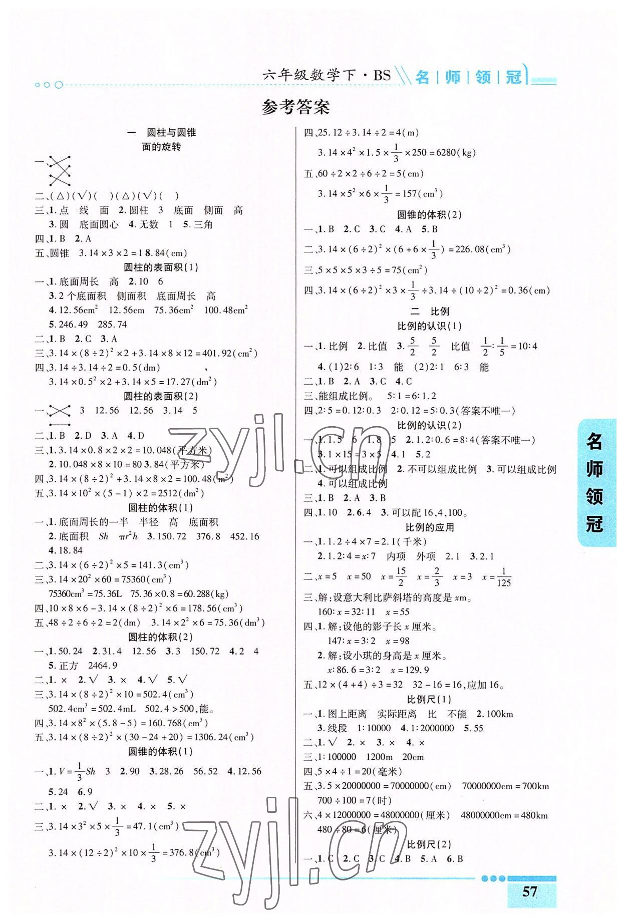 2022年名師領(lǐng)冠課時(shí)通關(guān)六年級(jí)數(shù)學(xué)下冊(cè)北師大版 參考答案第1頁(yè)