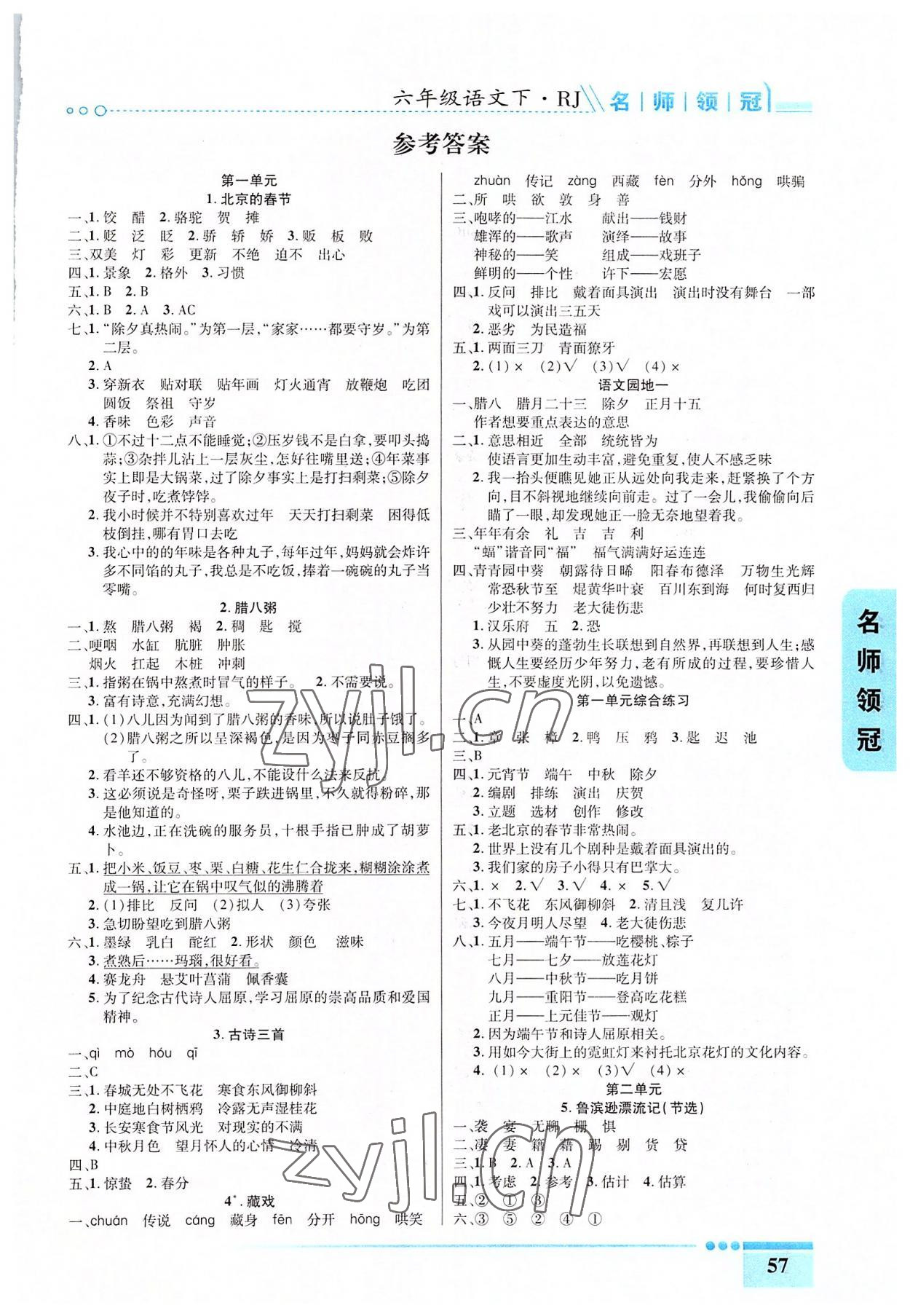 2022年名師領(lǐng)冠課時通關(guān)六年級語文下冊人教版 參考答案第1頁