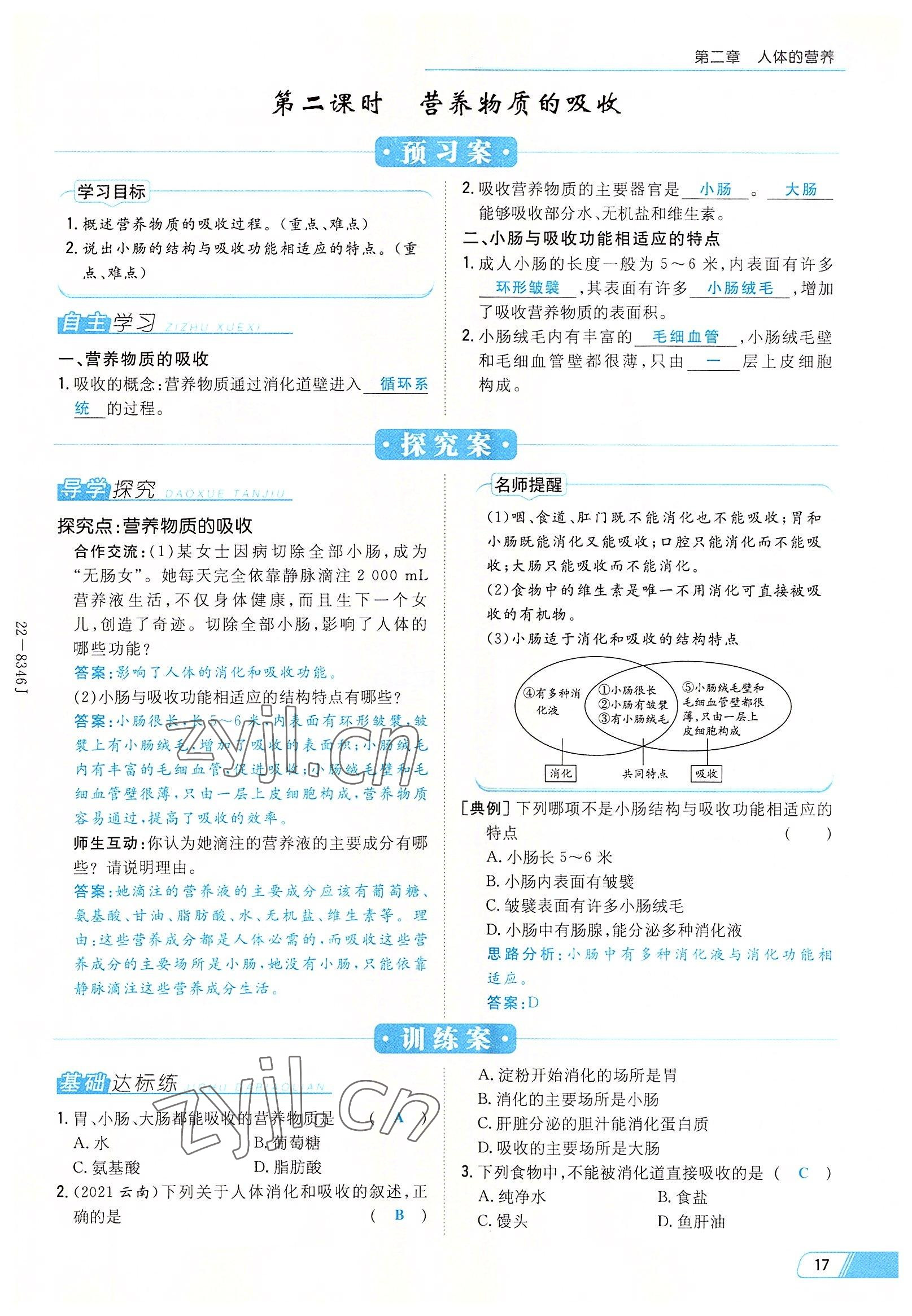 2022年初中同步學(xué)習(xí)導(dǎo)與練導(dǎo)學(xué)探究案七年級(jí)生物下冊(cè)人教版云南專版 參考答案第17頁