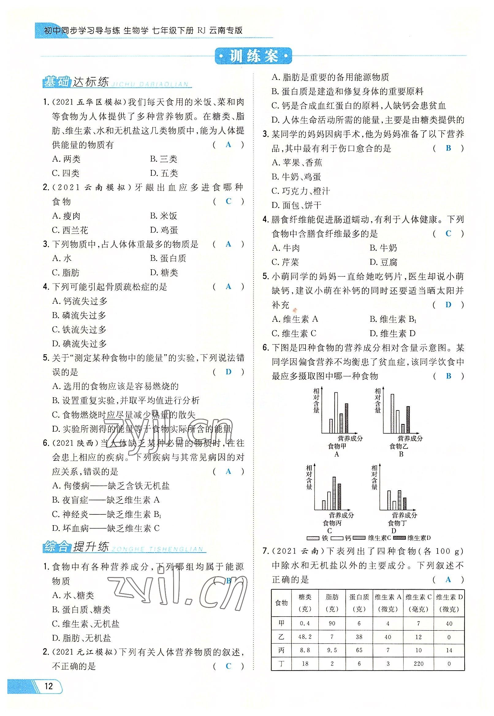 2022年初中同步學習導與練導學探究案七年級生物下冊人教版云南專版 參考答案第12頁