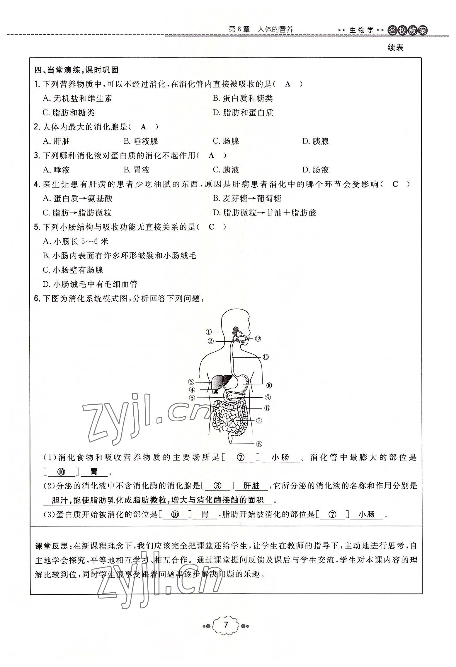 2022年初中同步学习导与练导学探究案七年级生物下册北师大版云南专版 参考答案第7页