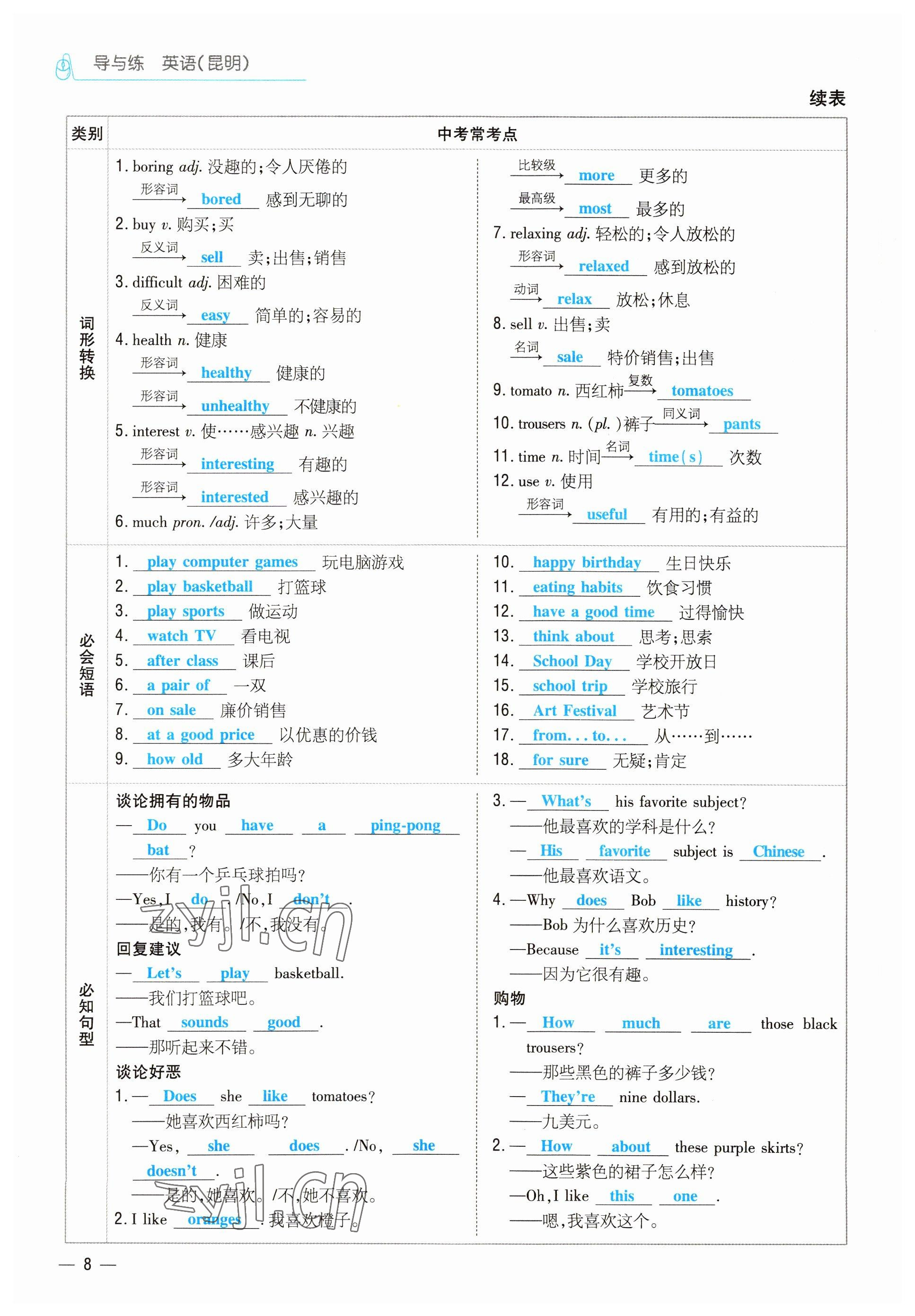 2022年云南省初中學(xué)業(yè)水平考試導(dǎo)與練英語昆明專版 參考答案第8頁