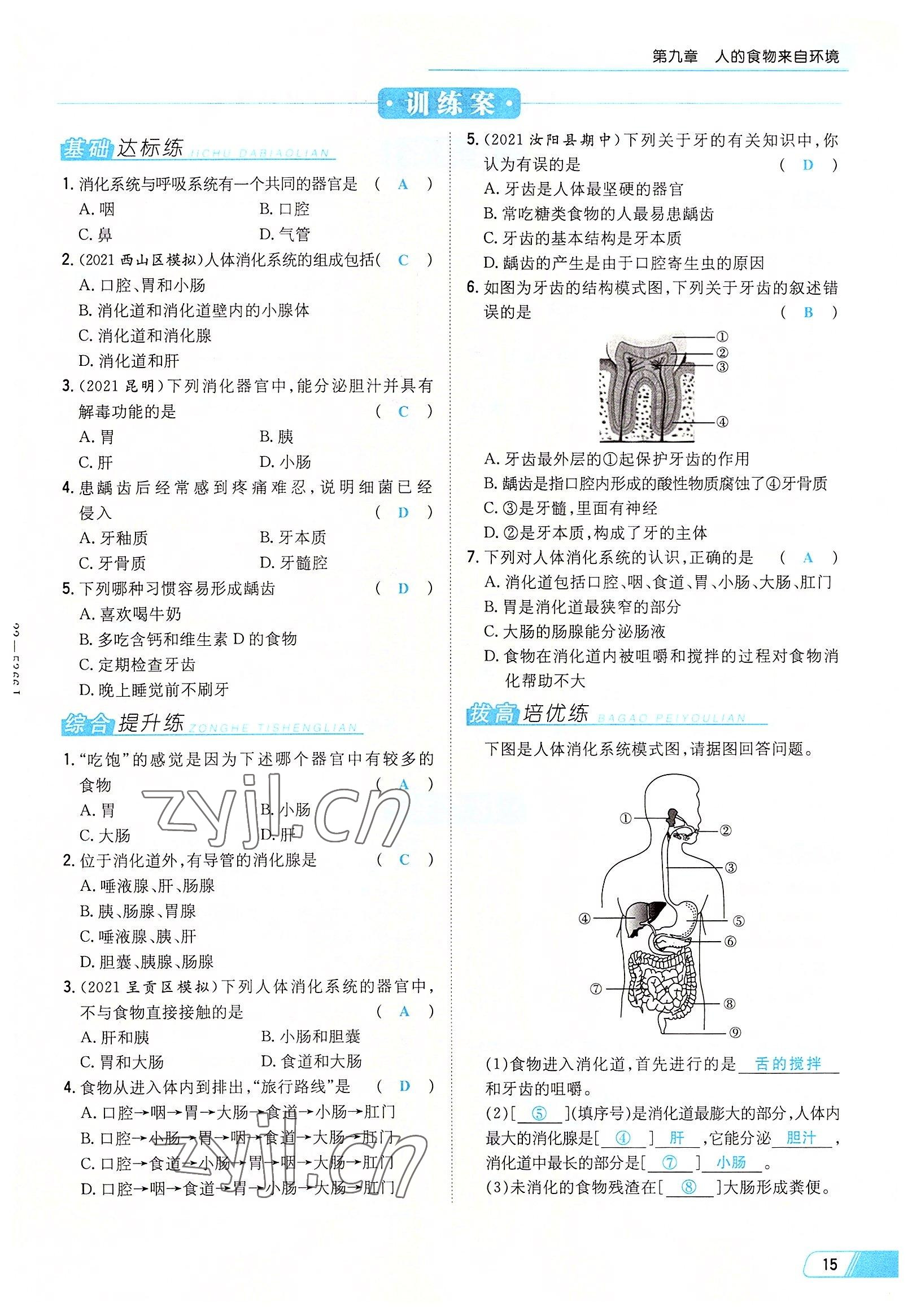 2022年初中同步学习导与练导学探究案七年级生物下册苏教版 参考答案第15页