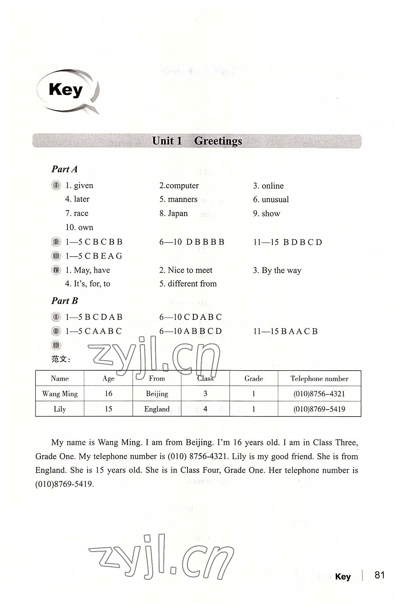 2022年英語輔導與自測基礎模塊上冊 參考答案第1頁