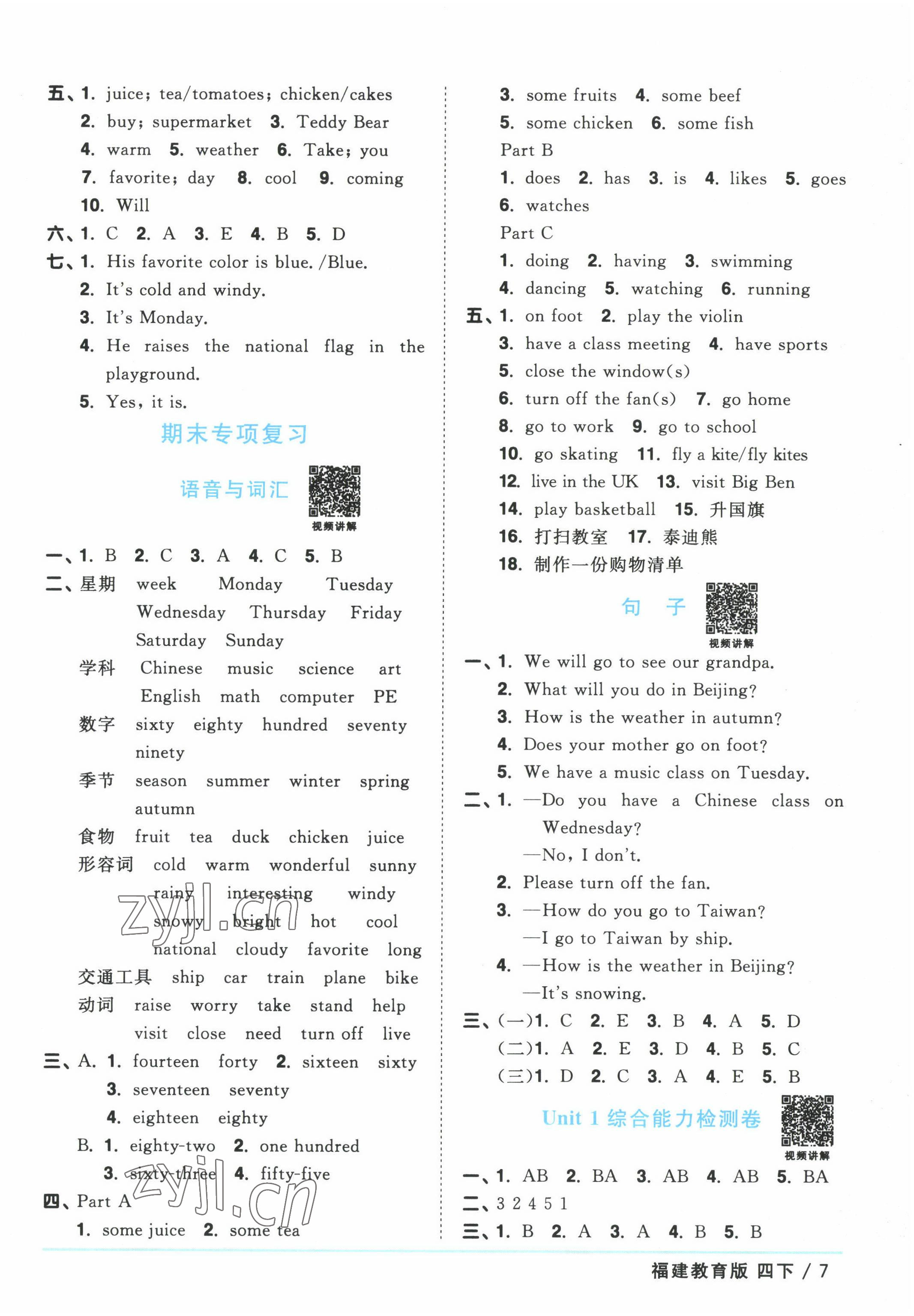 2022年阳光同学课时优化作业四年级英语下册福建教育版 参考答案第7页