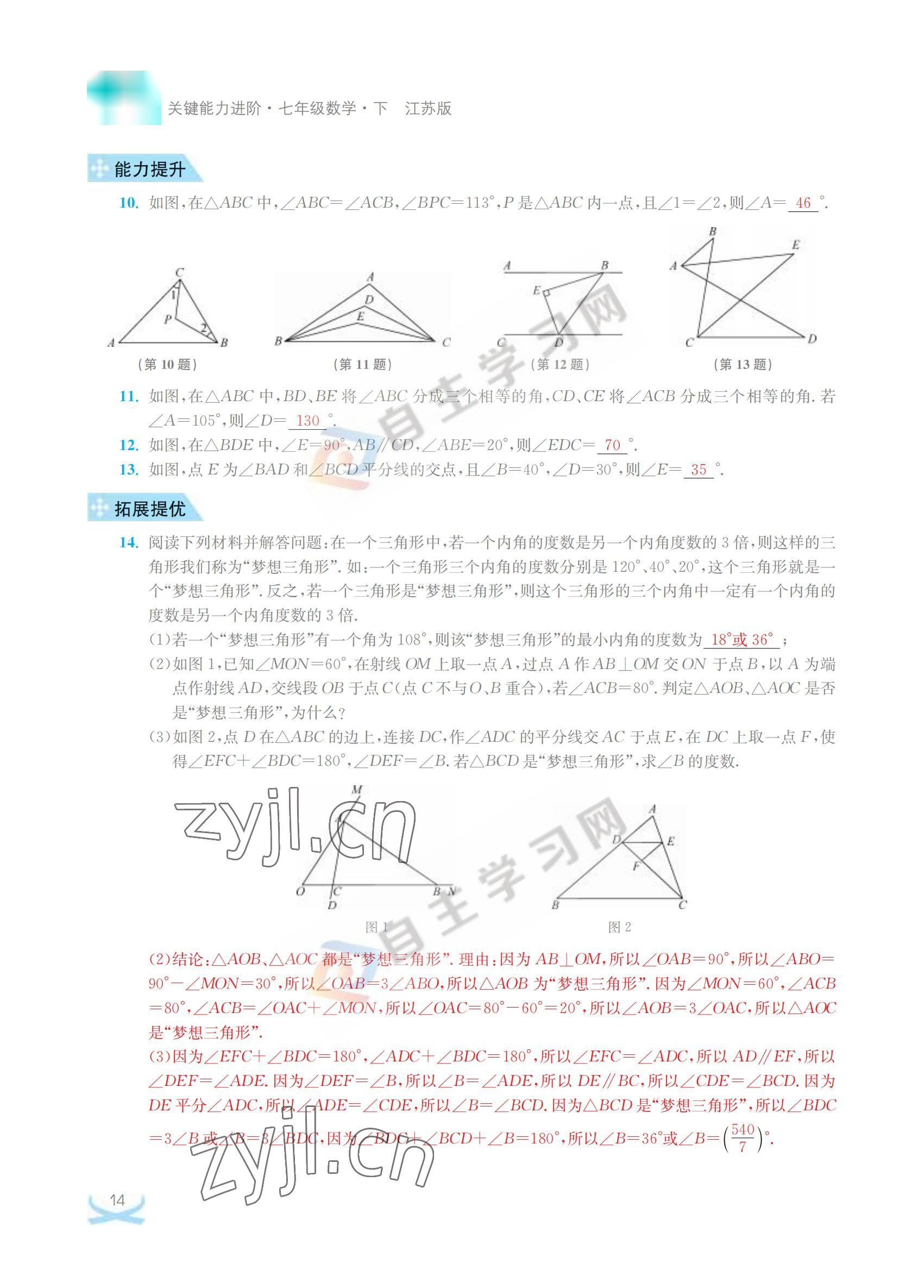 2022年關鍵能力進階七年級數學下冊江蘇版 參考答案第14頁