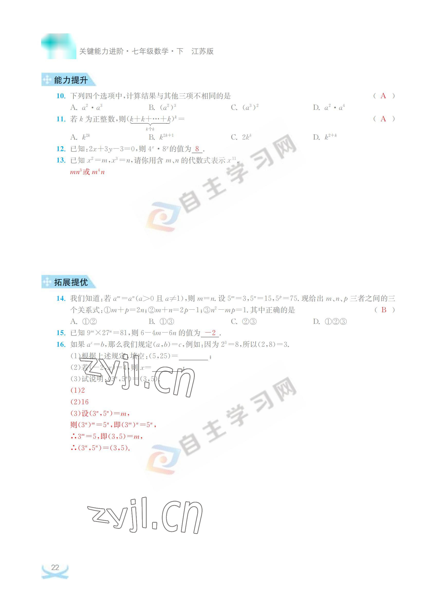 2022年關鍵能力進階七年級數學下冊江蘇版 參考答案第22頁