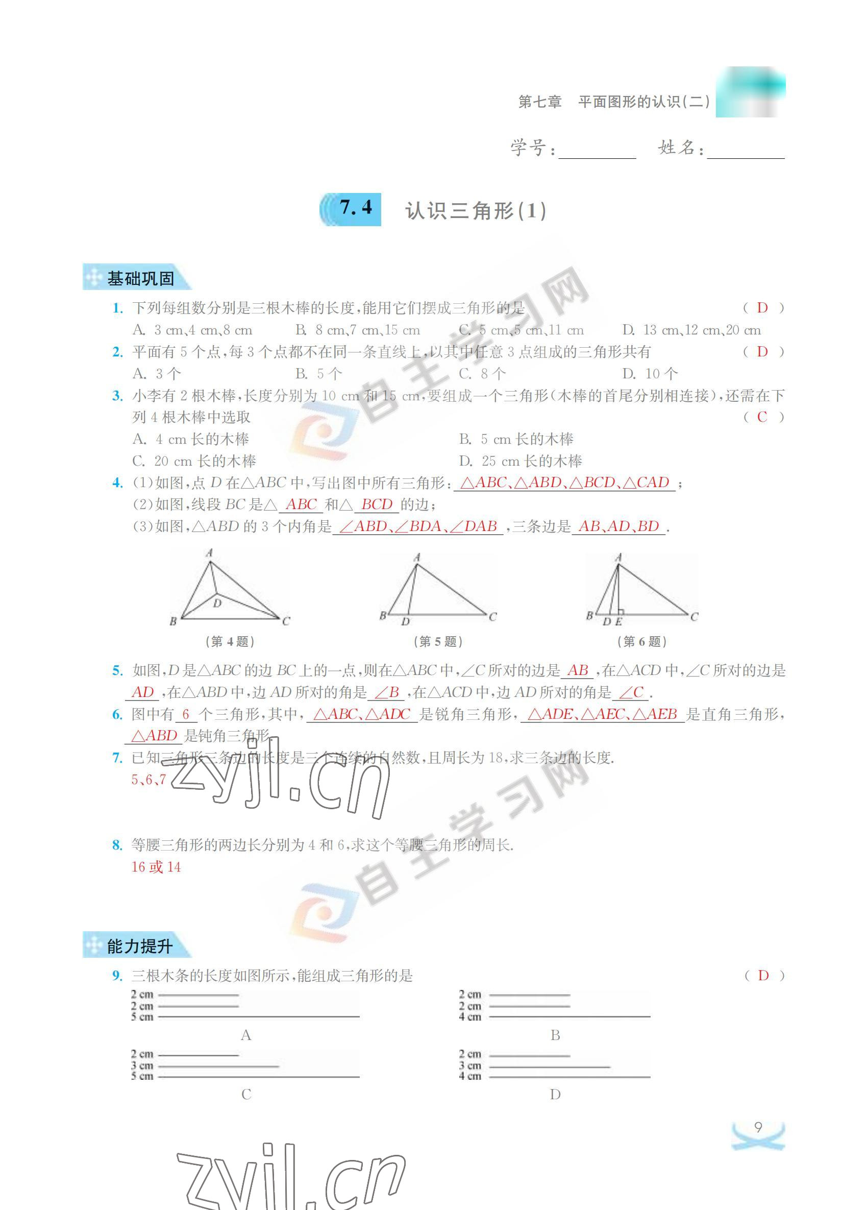 2022年關鍵能力進階七年級數學下冊江蘇版 參考答案第9頁
