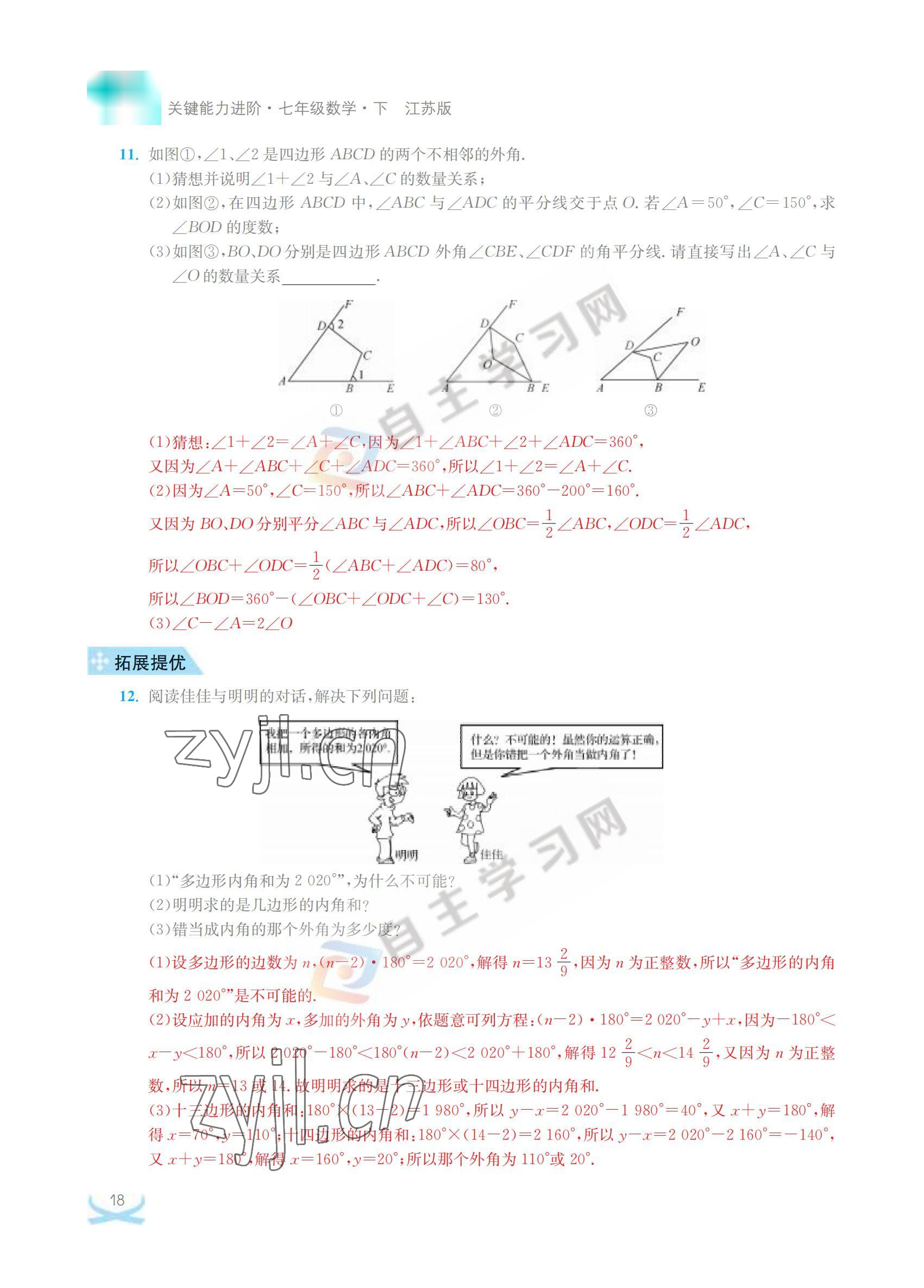 2022年關鍵能力進階七年級數學下冊江蘇版 參考答案第18頁