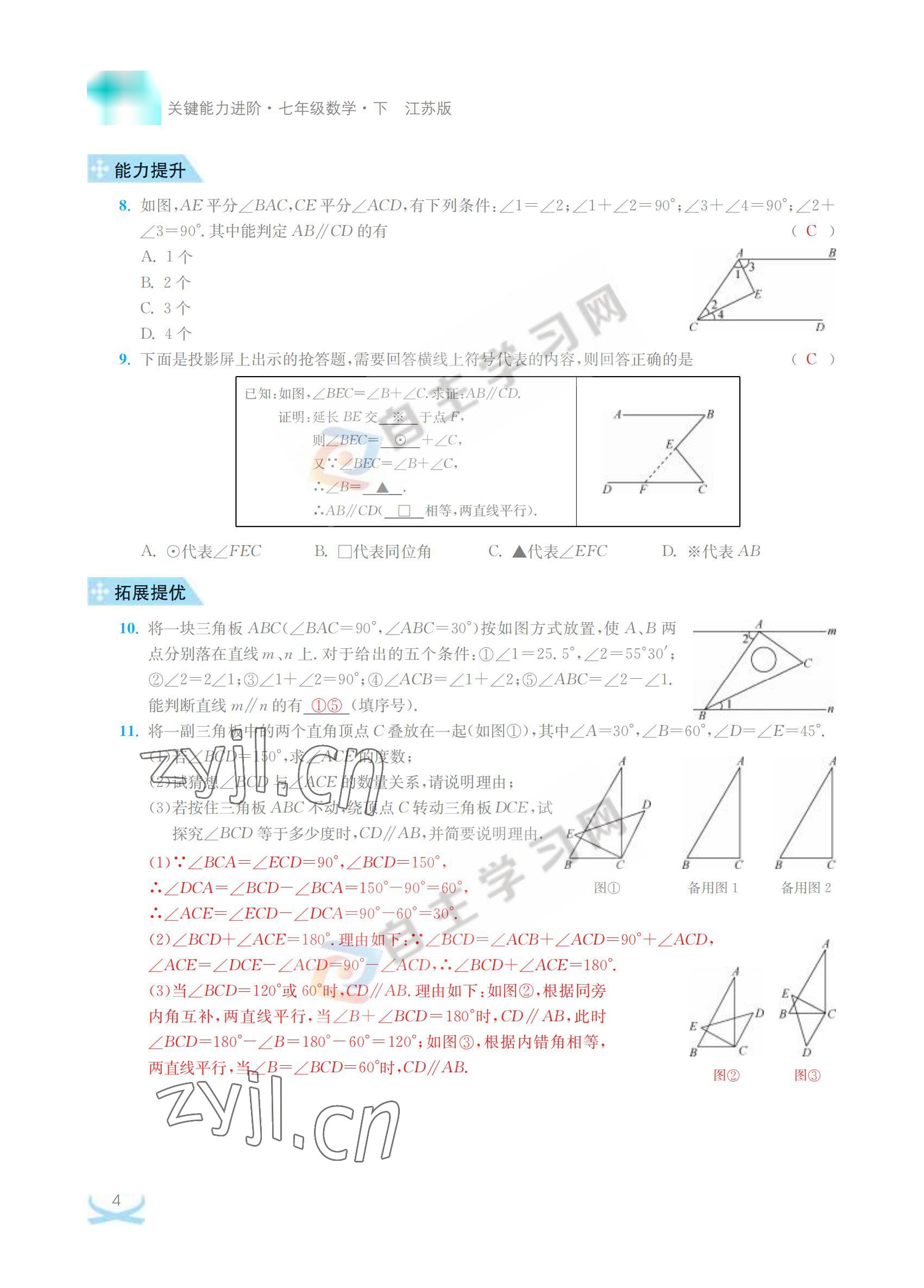 2022年關鍵能力進階七年級數學下冊江蘇版 參考答案第4頁
