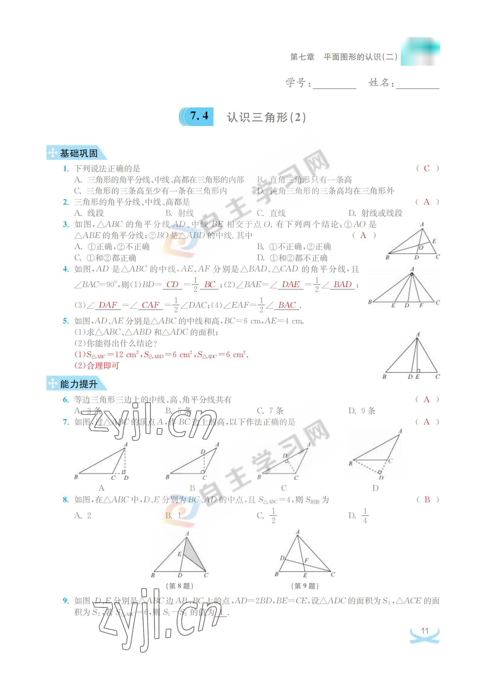 2022年關鍵能力進階七年級數學下冊江蘇版 參考答案第11頁