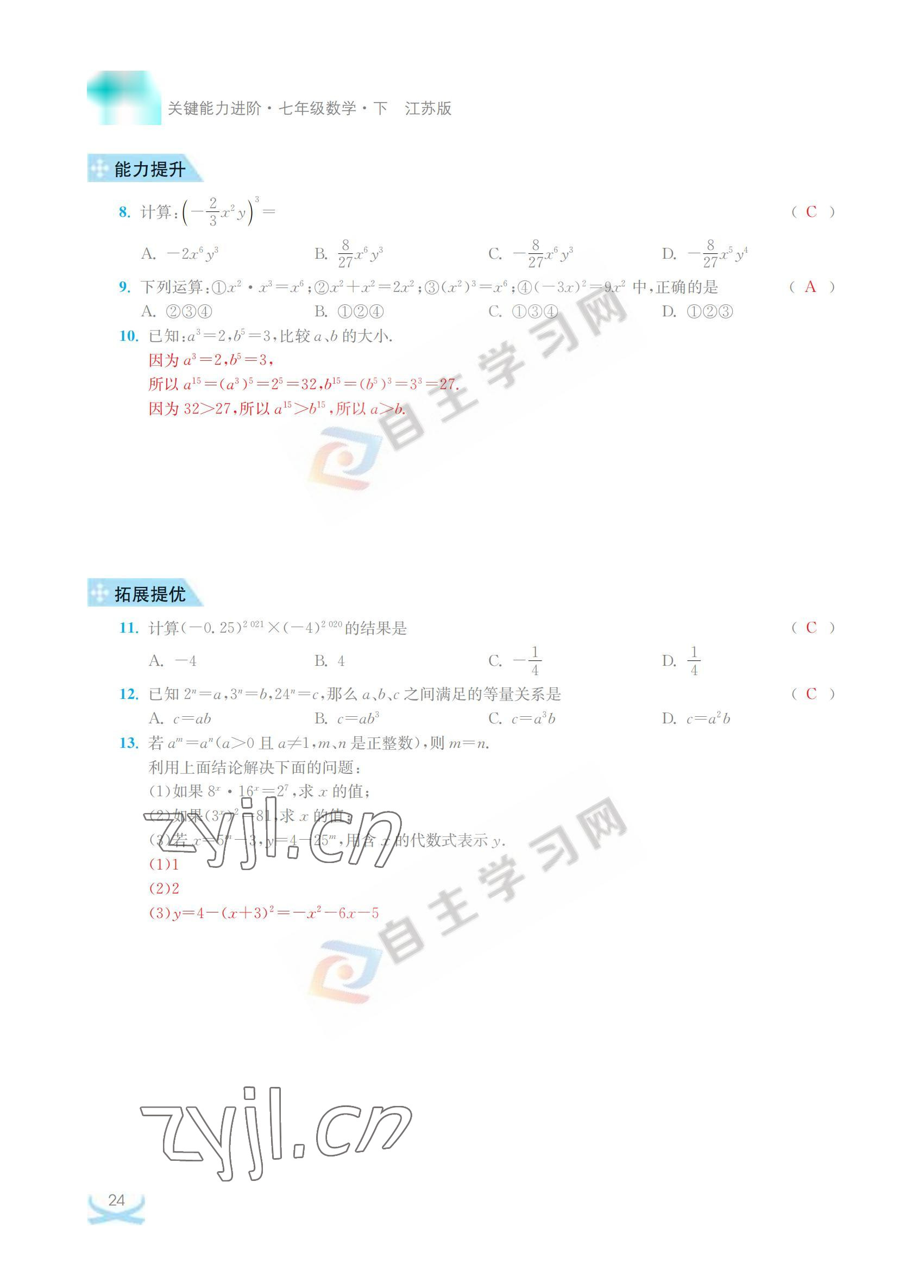 2022年關鍵能力進階七年級數學下冊江蘇版 參考答案第24頁