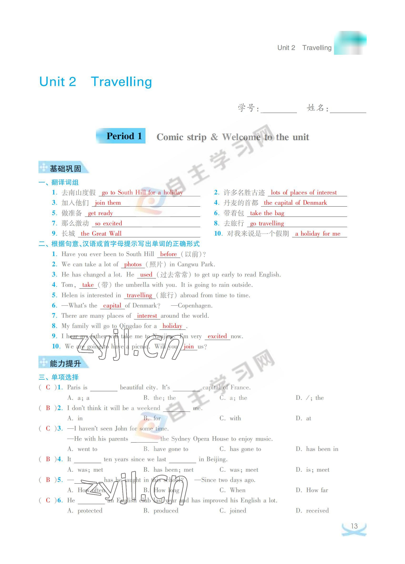 2022年關(guān)鍵能力進(jìn)階八年級(jí)英語下冊(cè)譯林版 參考答案第13頁
