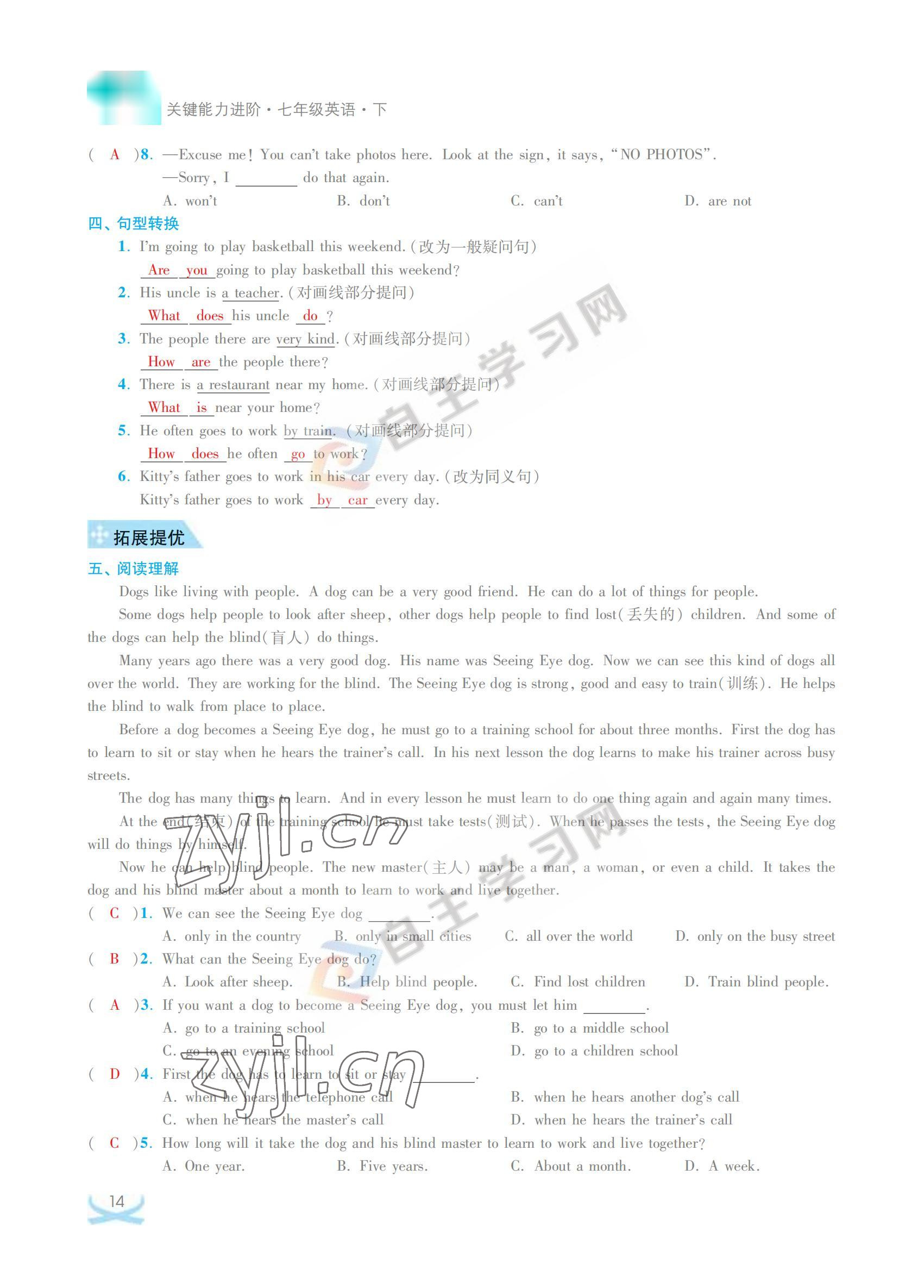 2022年關(guān)鍵能力進(jìn)階七年級(jí)英語(yǔ)下冊(cè)譯林版 參考答案第14頁(yè)