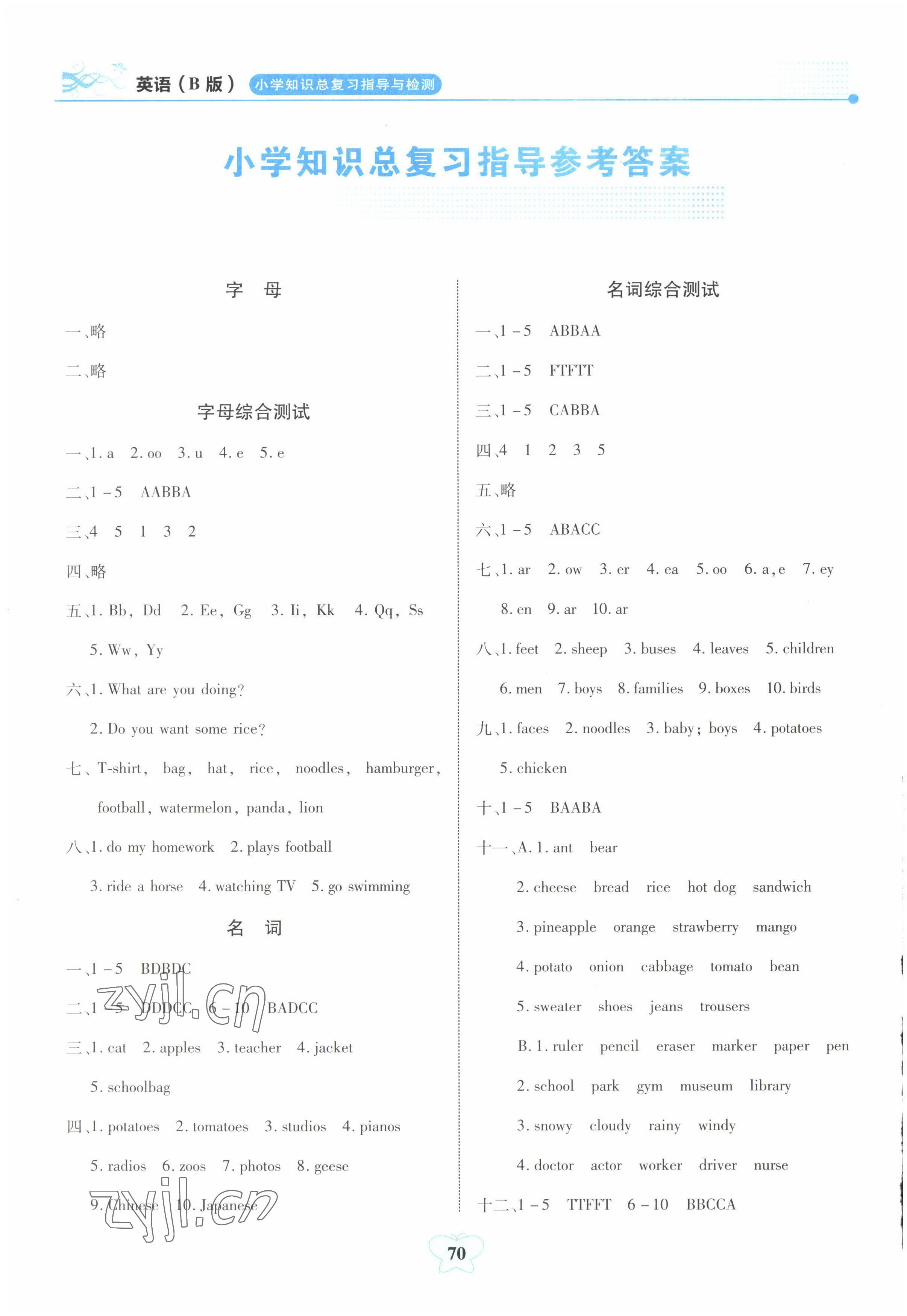 2022年小學(xué)知識(shí)總復(fù)習(xí)指導(dǎo)與檢測(cè)六年級(jí)英語(yǔ)B版 參考答案第1頁(yè)