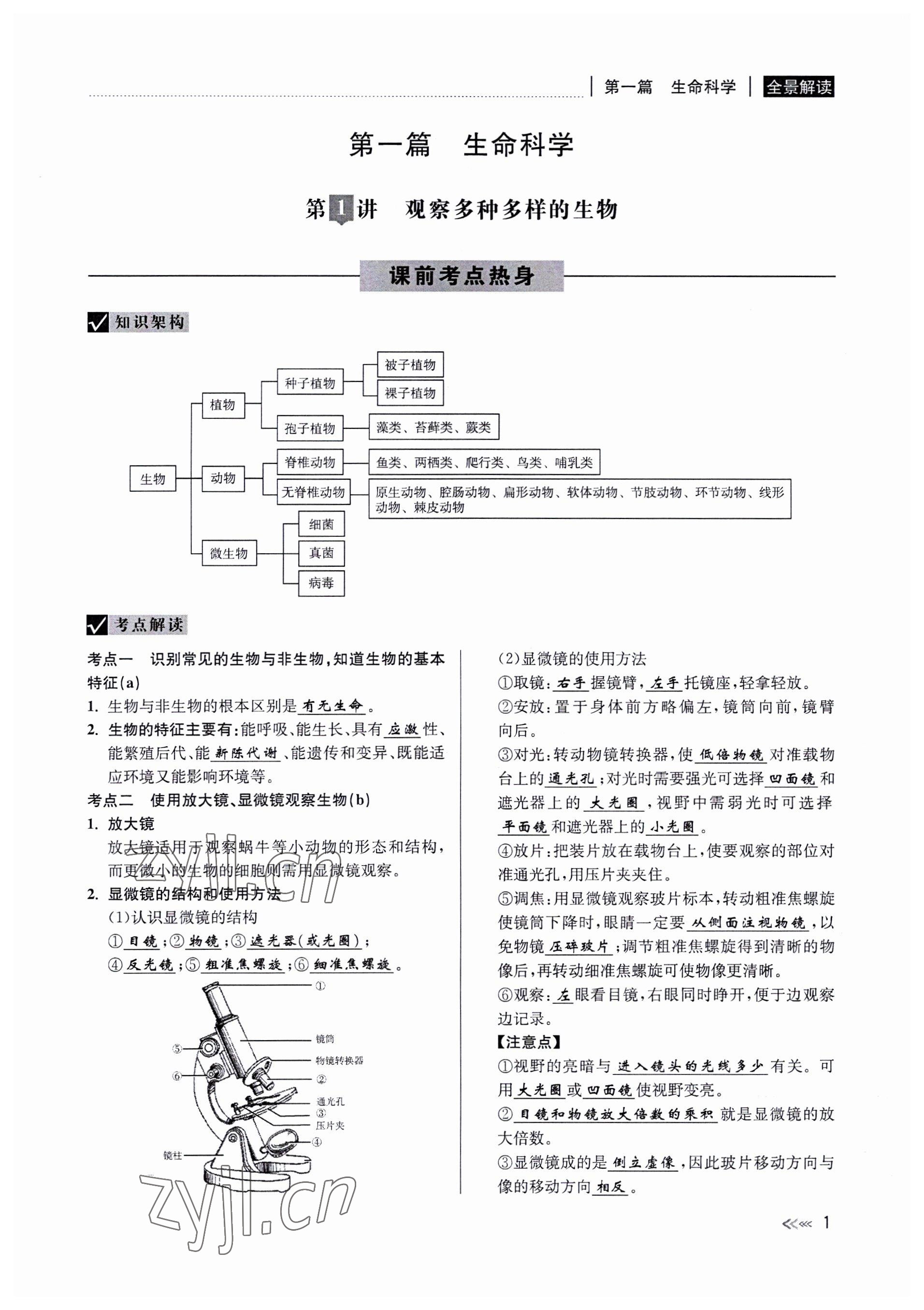 2022年中考复习全景解读科学华师大版 参考答案第1页