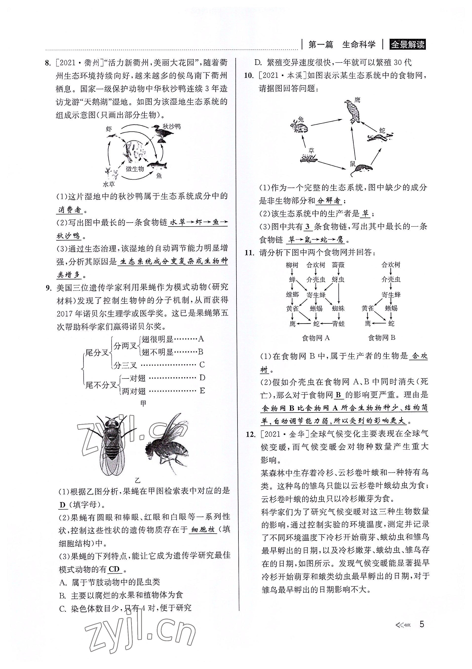 2022年中考復習全景解讀科學華師大版 參考答案第4頁