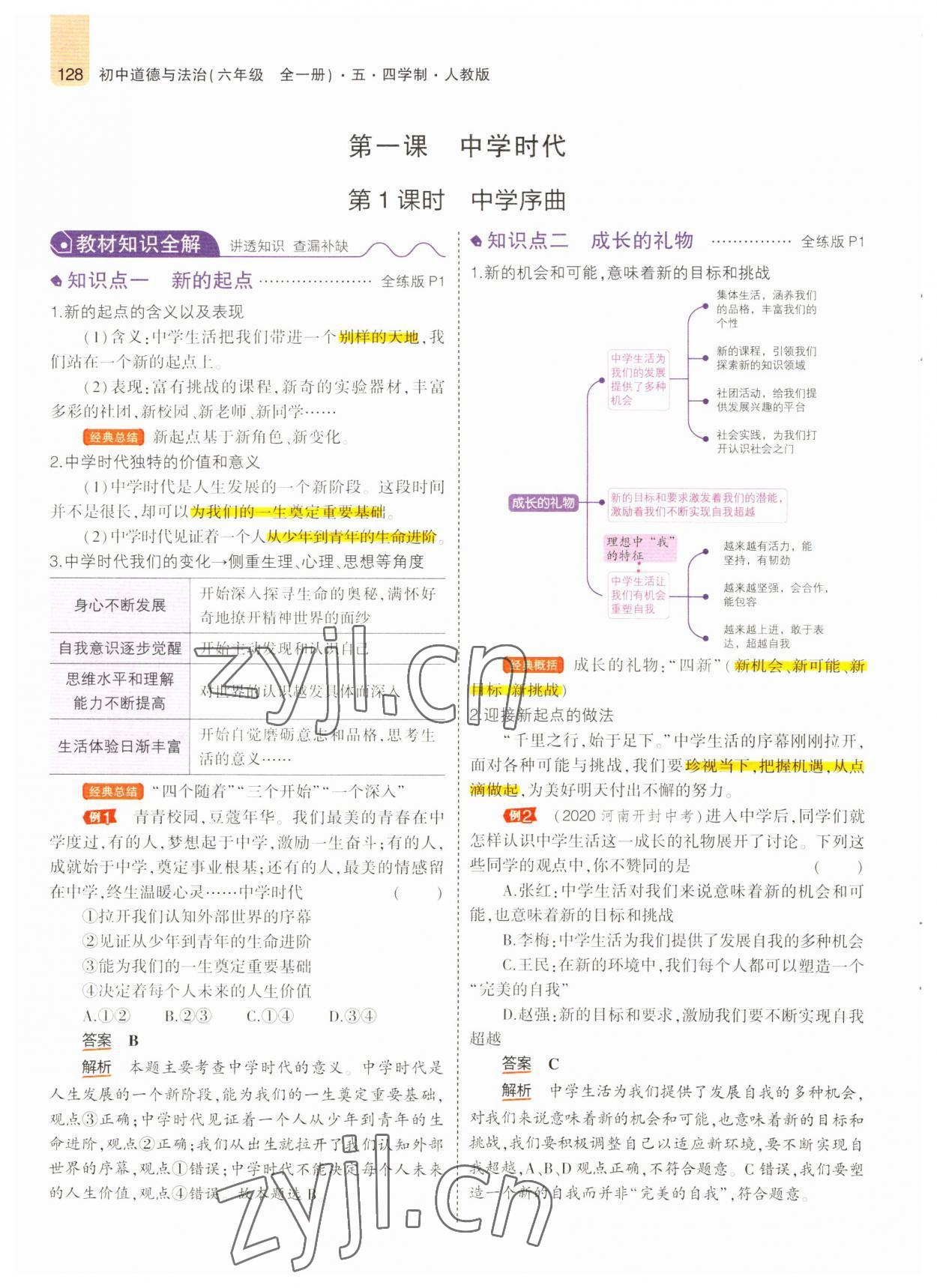 2022年教材課本六年級(jí)道德與法治全一冊(cè)人教版五四制 參考答案第1頁