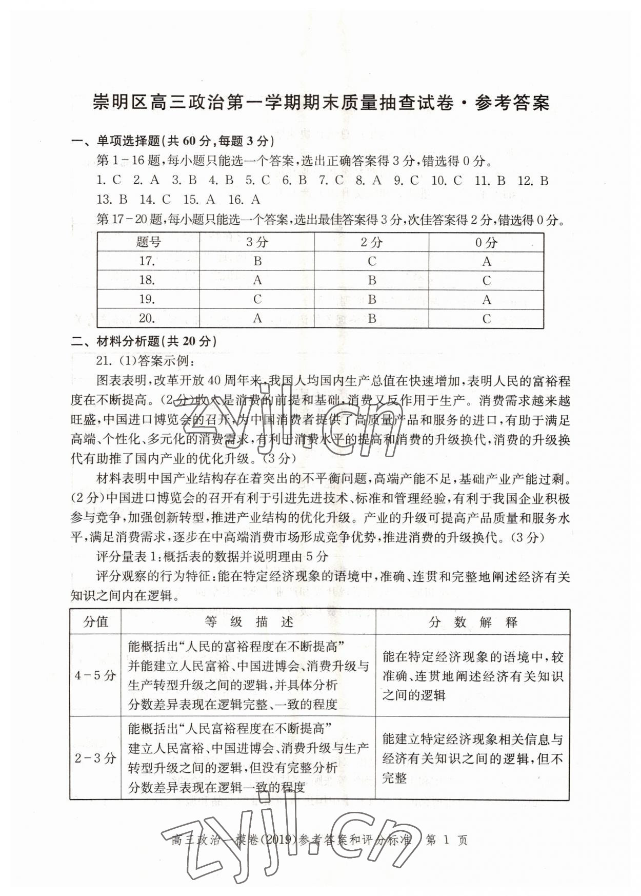 2022年文化課強化訓練政治2019版 參考答案第1頁