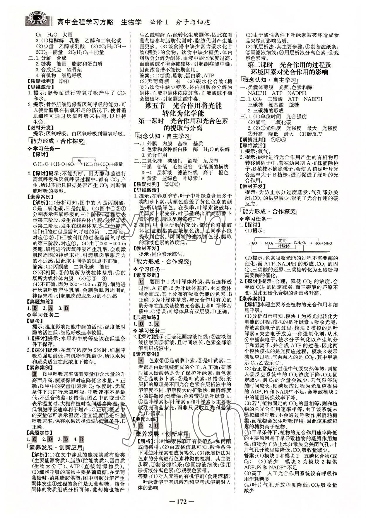 2022年世紀金榜高中全程學(xué)習(xí)方略生物必修1浙科版 參考答案第7頁