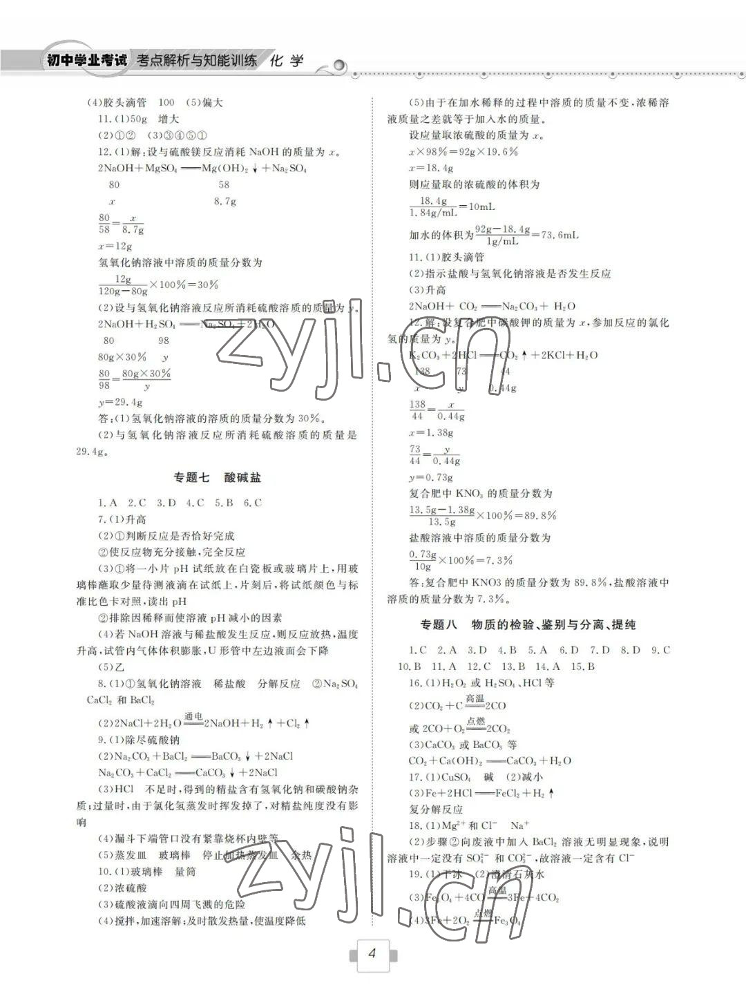 2022年初中学业考试考点解析与知能训练化学 参考答案第4页