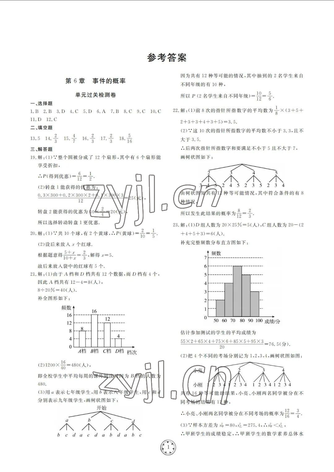 2022年同步練習(xí)冊分層檢測卷九年級數(shù)學(xué)下冊青島版 參考答案第1頁