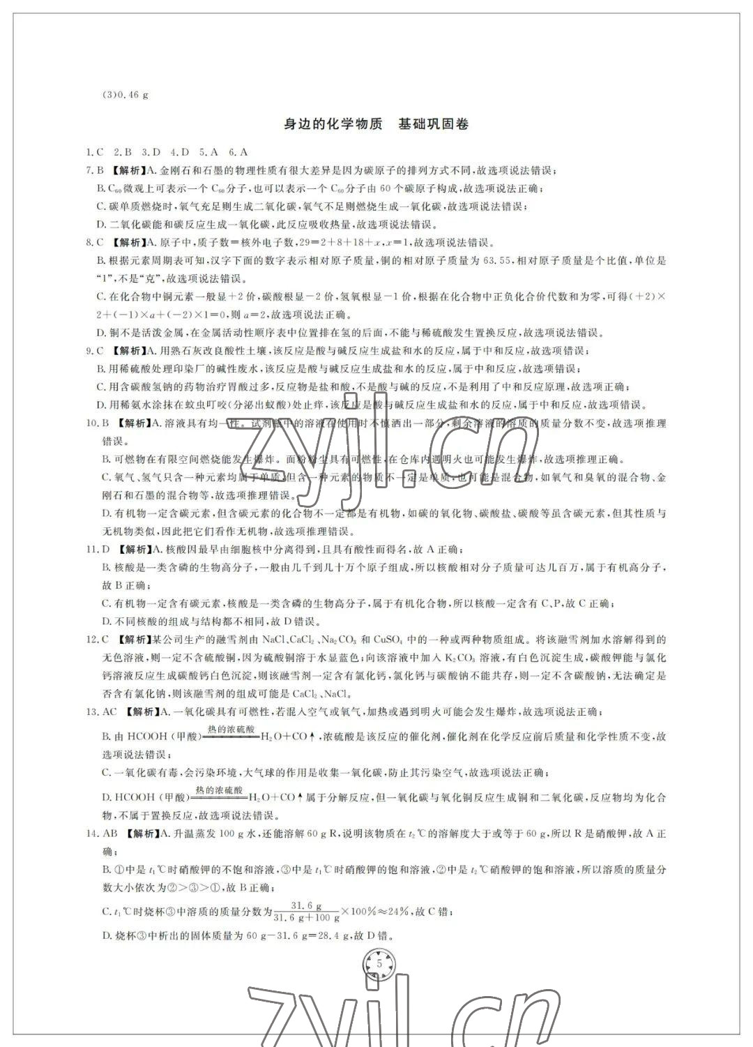 2022年同步練習(xí)冊(cè)分層檢測(cè)卷九年級(jí)化學(xué)初中總復(fù)習(xí) 參考答案第5頁