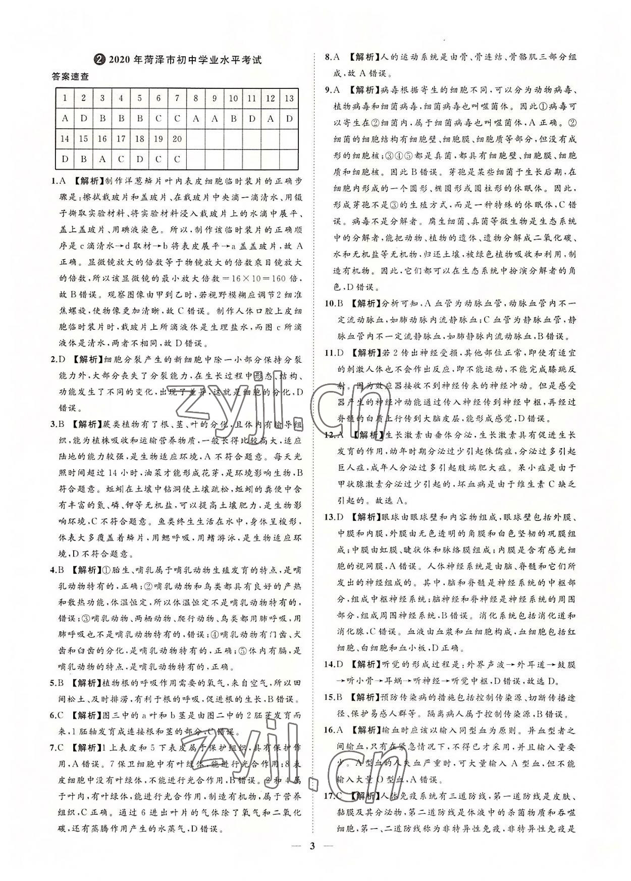 2022年3年真題2年模擬1年預(yù)測(cè)生物菏澤專(zhuān)版 參考答案第3頁(yè)