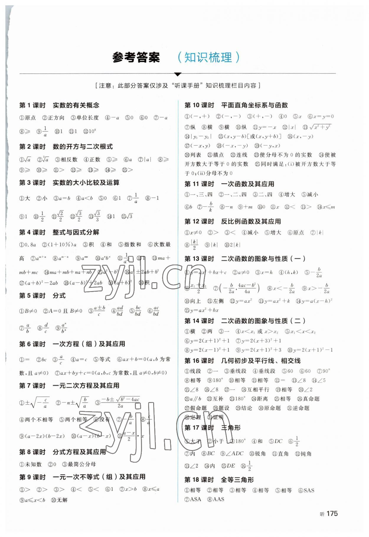 2022年全品中考復(fù)習(xí)方案數(shù)學(xué)長(zhǎng)沙專(zhuān)版 參考答案第1頁(yè)