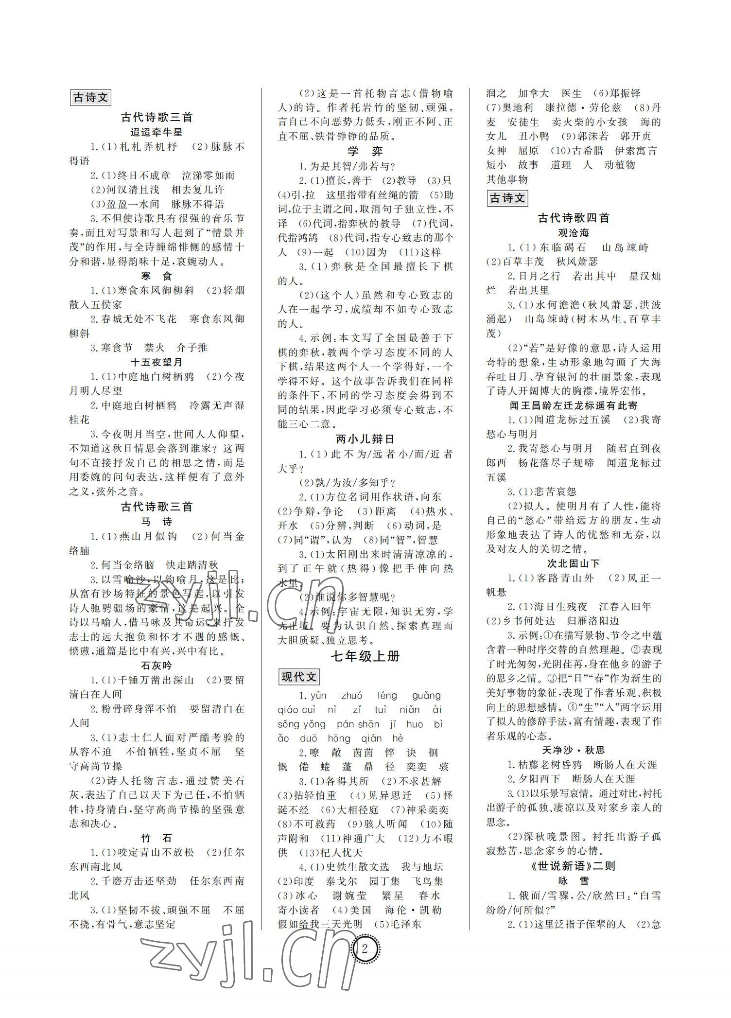 2022年初中總復習山東文藝出版社語文中考淄博專版 參考答案第2頁
