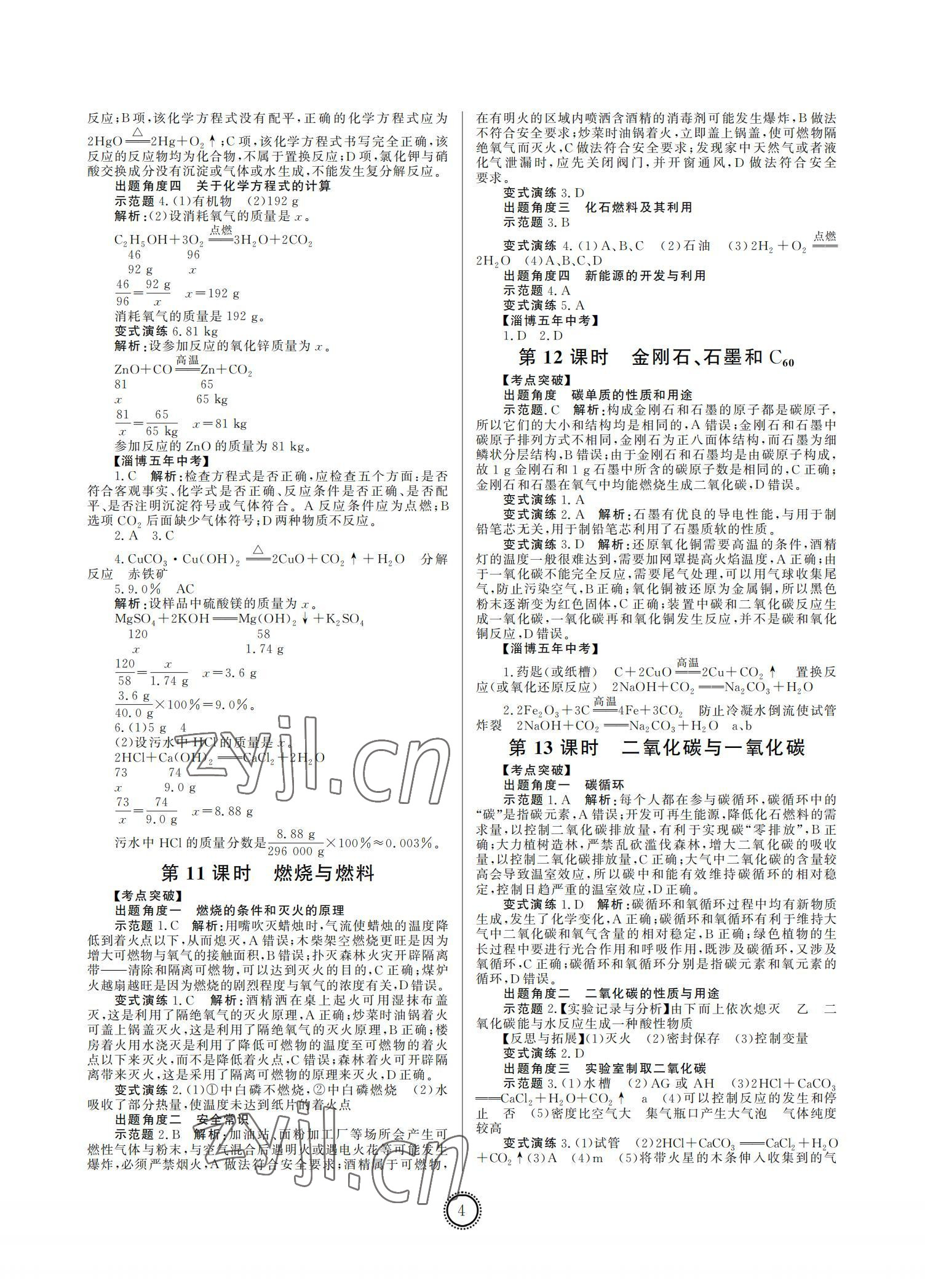 2022年初中總復(fù)習(xí)山東文藝出版社化學(xué)中考淄博專版 參考答案第4頁