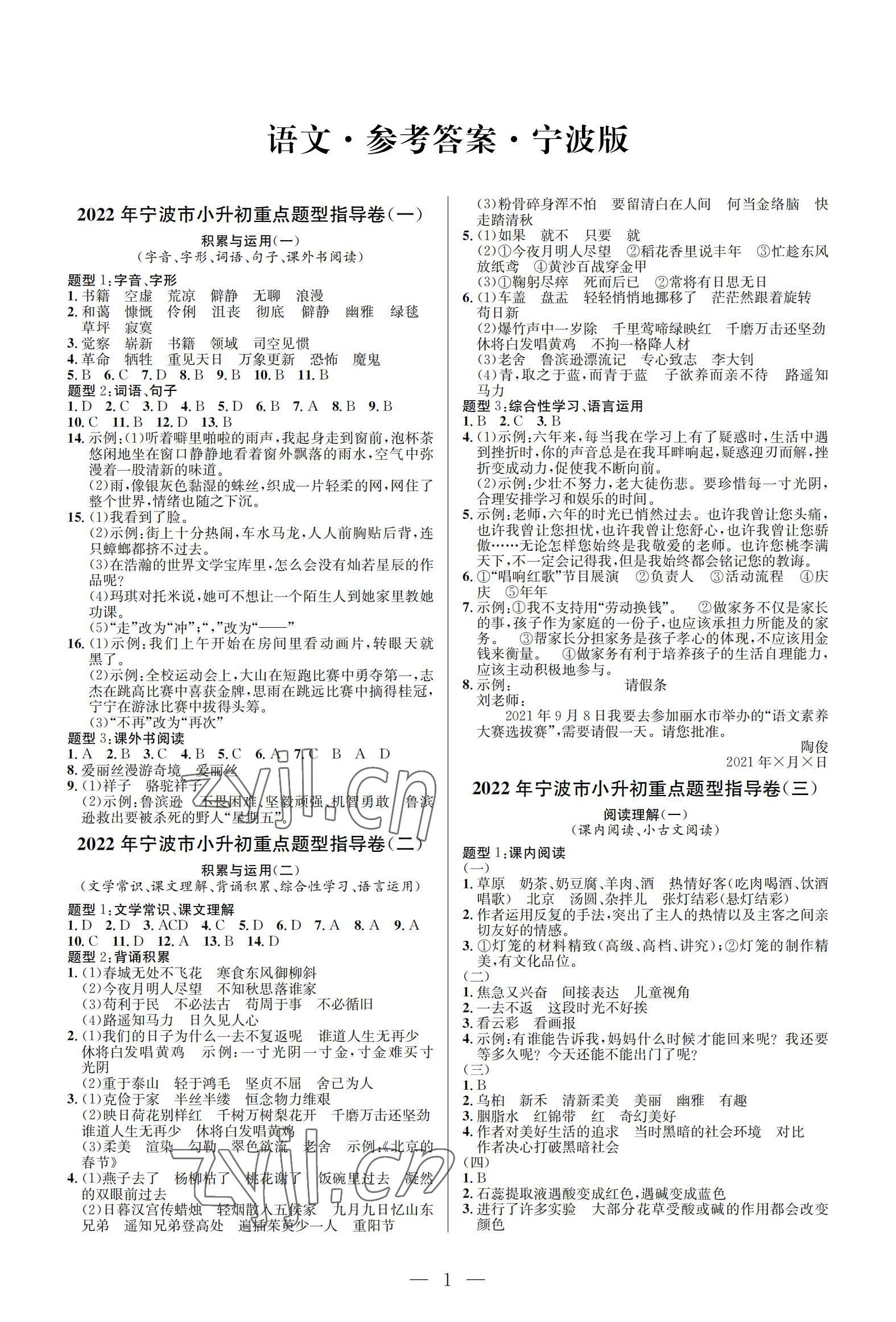 2022年小學(xué)畢業(yè)特訓(xùn)卷六年級(jí)語(yǔ)文寧波專(zhuān)版 參考答案第1頁(yè)