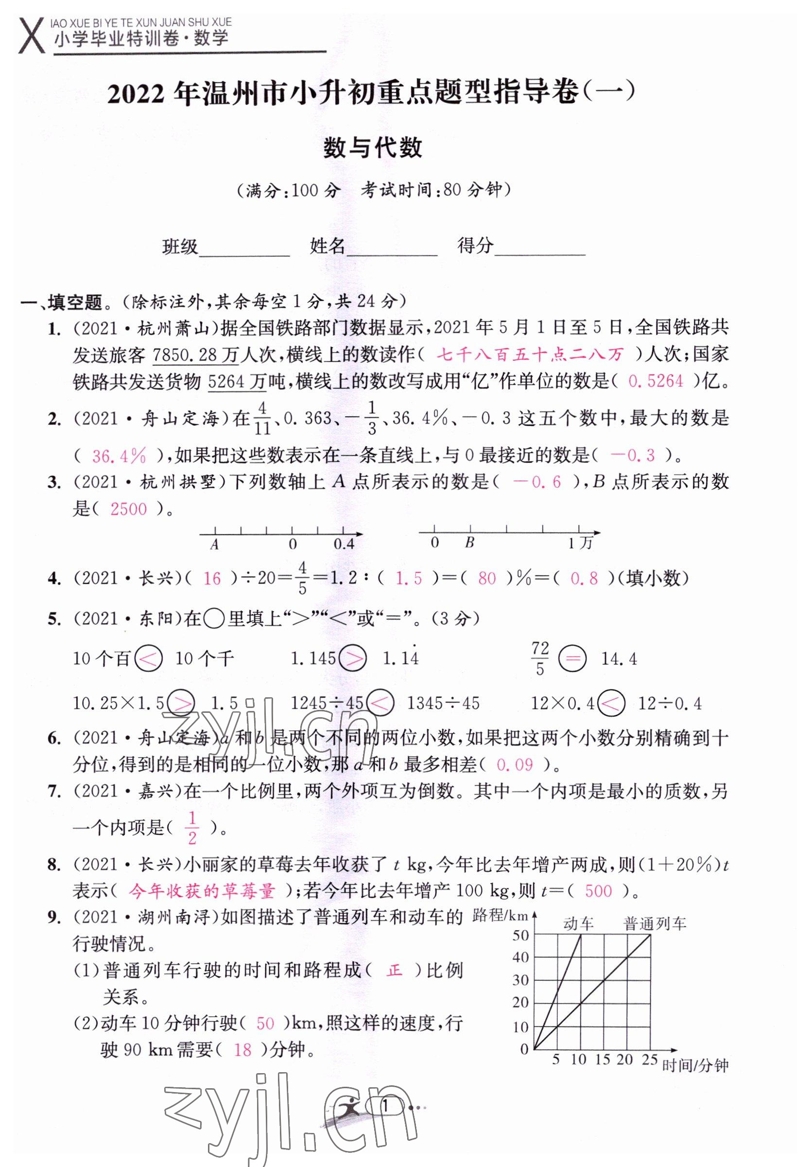 2022年小學畢業(yè)特訓卷六年級數(shù)學溫州專版 第1頁